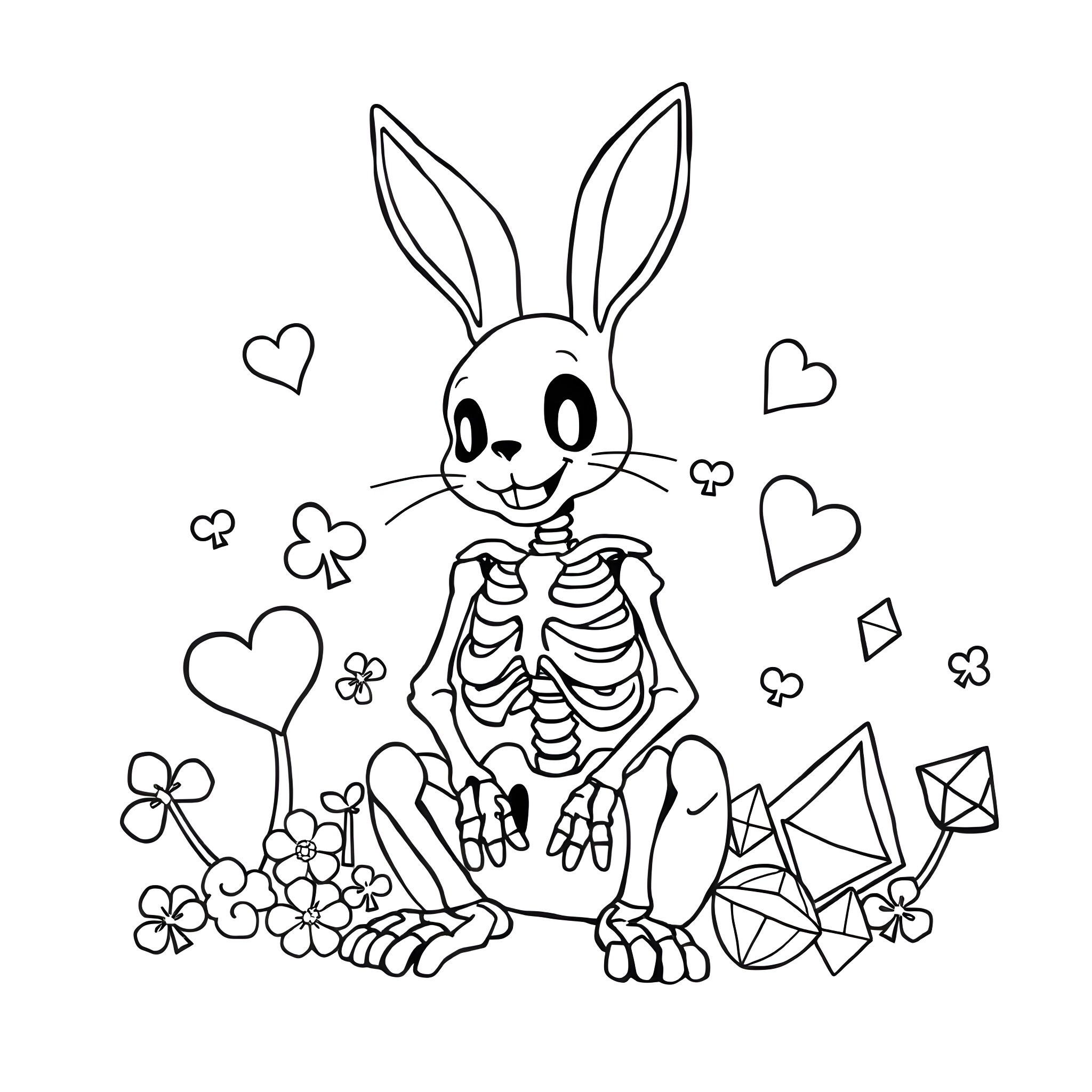 Skeleton Rabbit Sitting Joyfully Amidst Flowers and Hearts Coloring Page (free black-and-white line drawing printable PDF for all, from beginners to advanced learners, including children, teens, adults, and seniors)