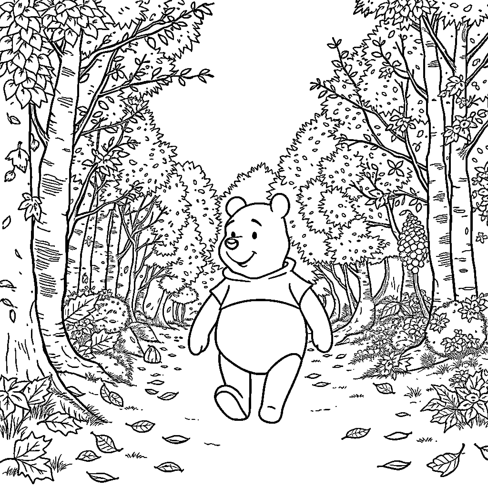 Winnie The Pooh exploring the enchanting forest Coloring Page (free black-and-white line drawing printable PDF for all, from beginners to advanced learners, including children, teens, adults, and seniors)