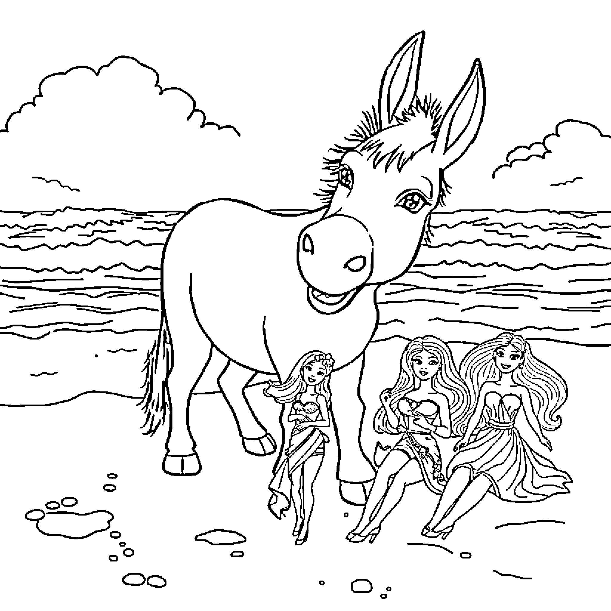 Donkey and girls playing on the beach Coloring Page (free black-and-white line drawing printable PDF for all, from beginners to advanced learners, including children, teens, adults, and seniors)