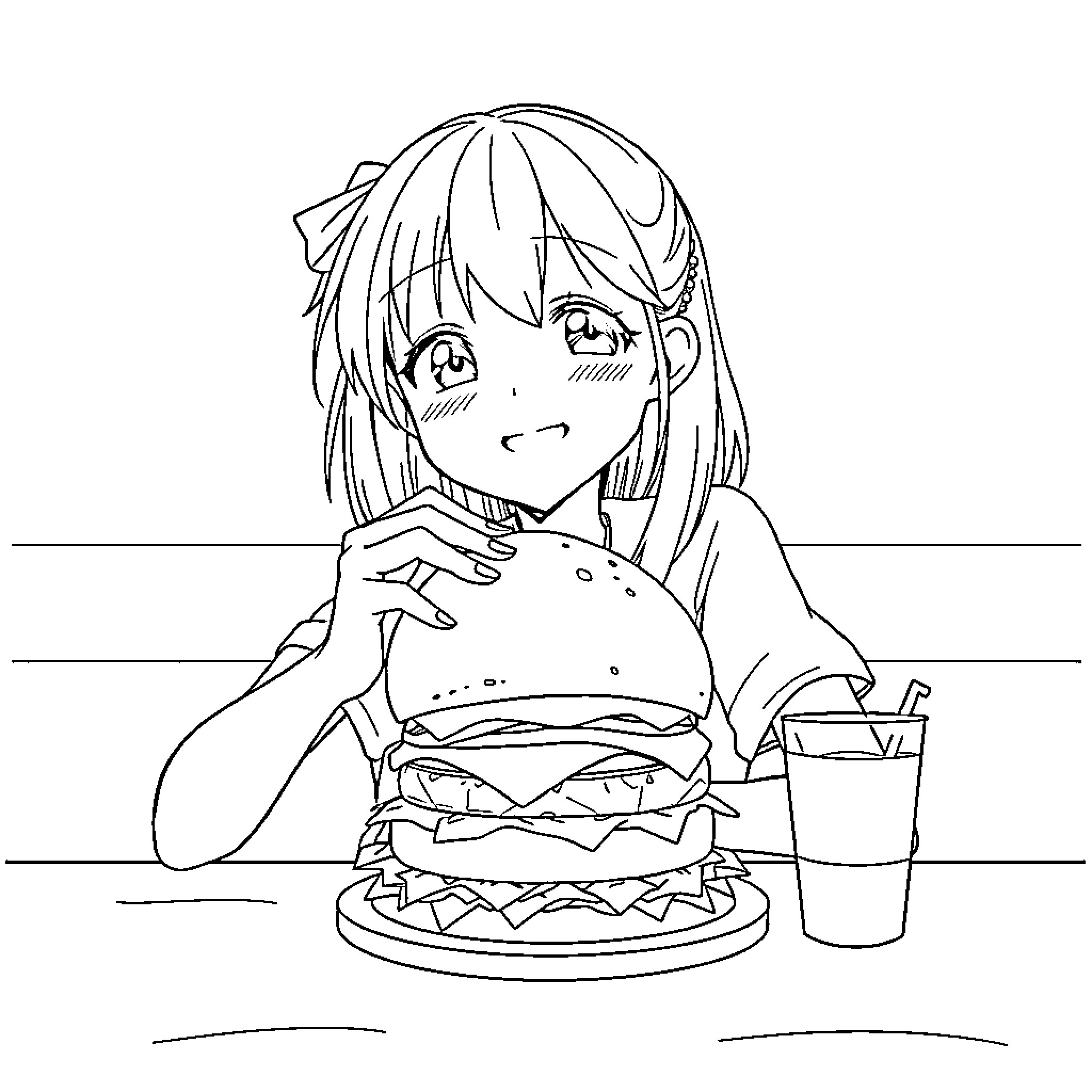 Anime Girl Happily Eating a Burger Coloring Page (free black-and-white line drawing printable PDF for all, from beginners to advanced learners, including children, teens, adults, and seniors)