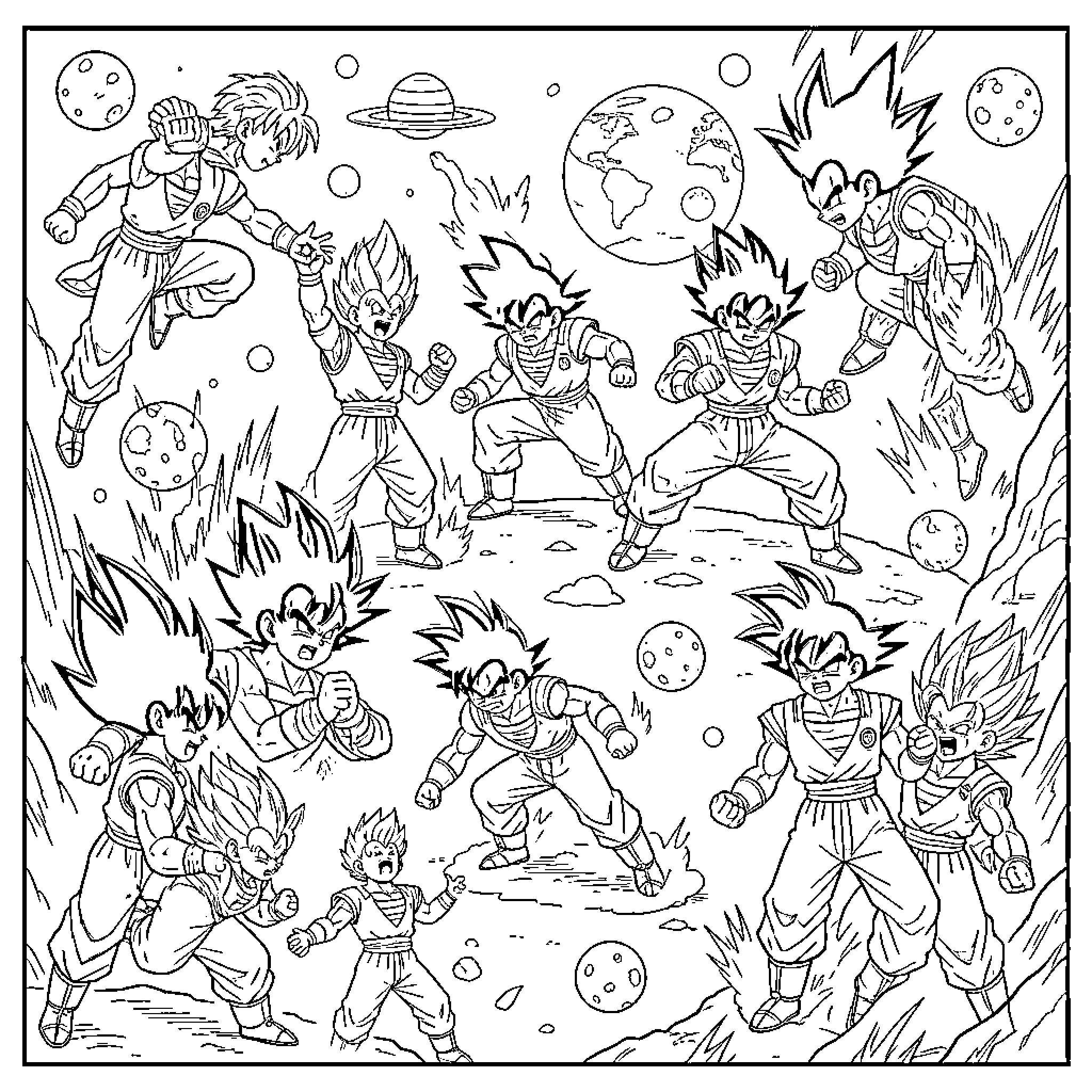 Dragon Ball Z characters engaging in intense combat scenes Coloring Page (free black-and-white line drawing printable PDF for all, from beginners to advanced learners, including children, teens, adults, and seniors)