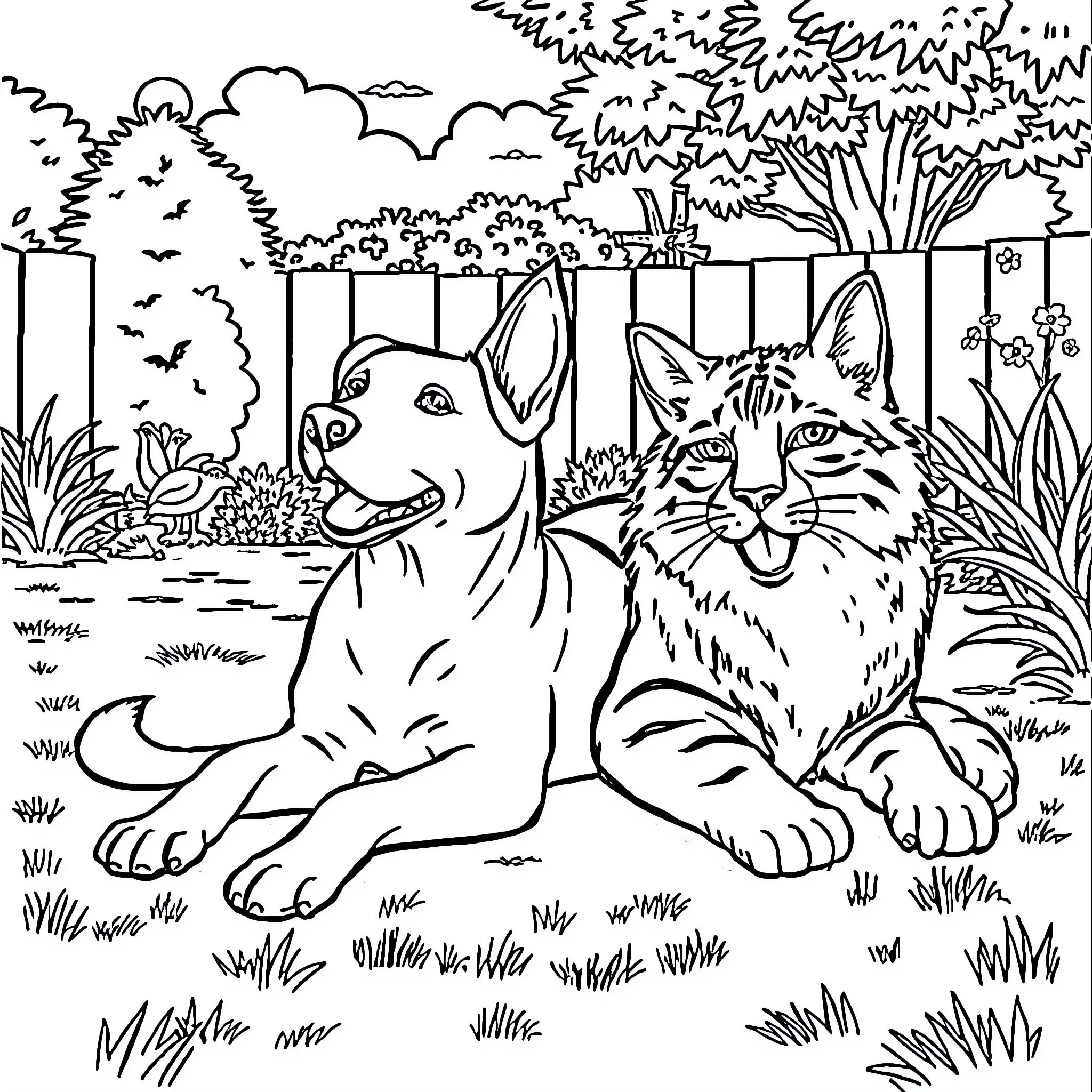Dog and Cat Exploring Outdoor Nature Scene Coloring Page (free black-and-white line drawing printable PDF for all, from beginners to advanced learners, including children, teens, adults, and seniors)