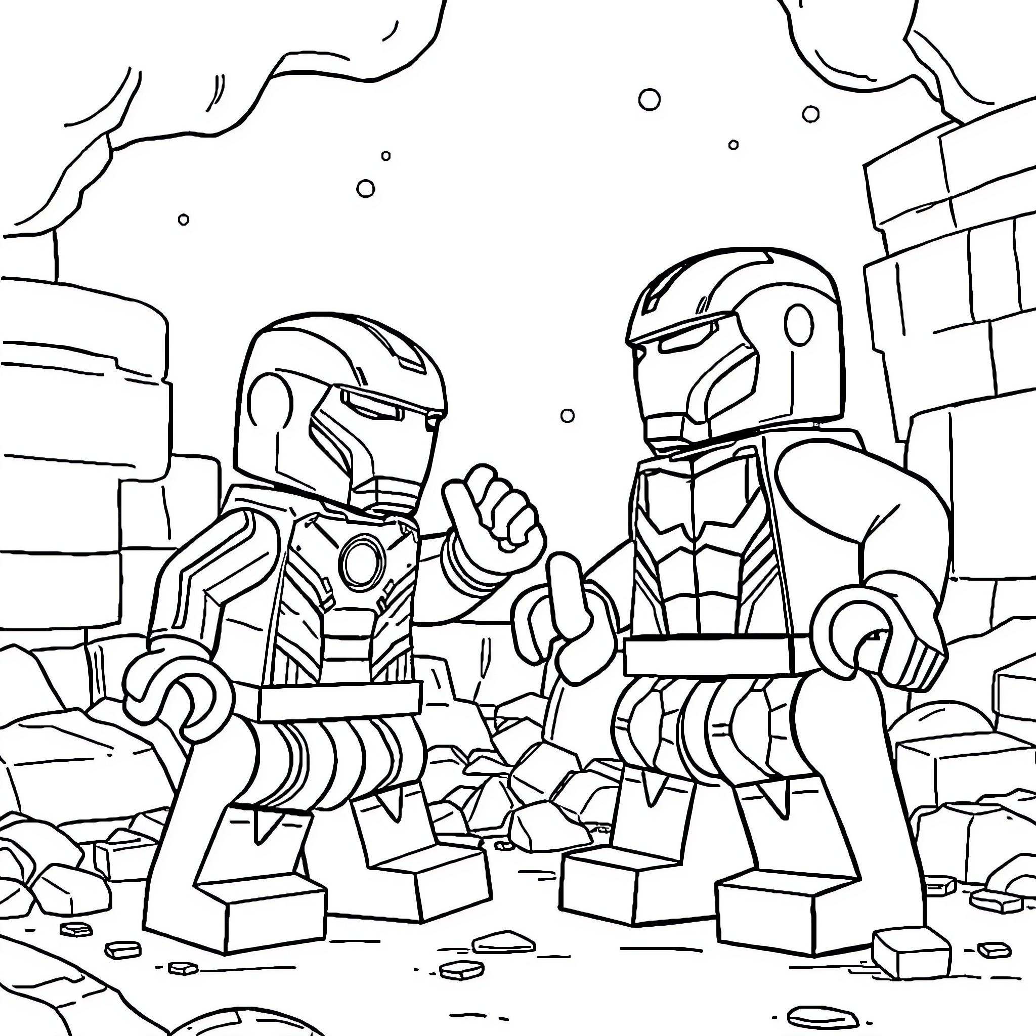 Hulk Superhero Figures Battling Amidst Rubble Coloring Page (free black-and-white line drawing printable PDF for all, from beginners to advanced learners, including children, teens, adults, and seniors)
