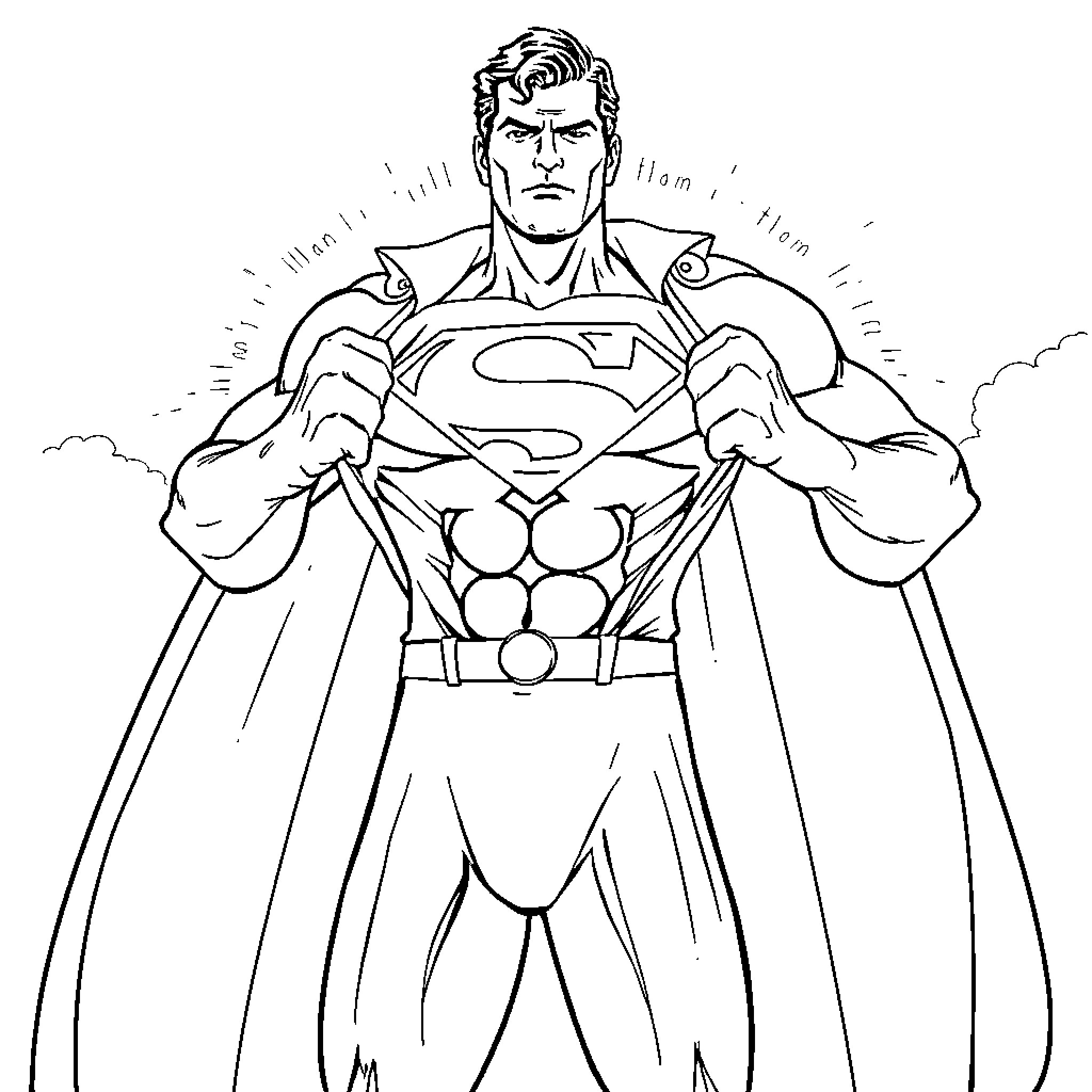 Superman standing heroically in the sky Coloring Page (free black-and-white line drawing printable PDF for all, from beginners to advanced learners, including children, teens, adults, and seniors)