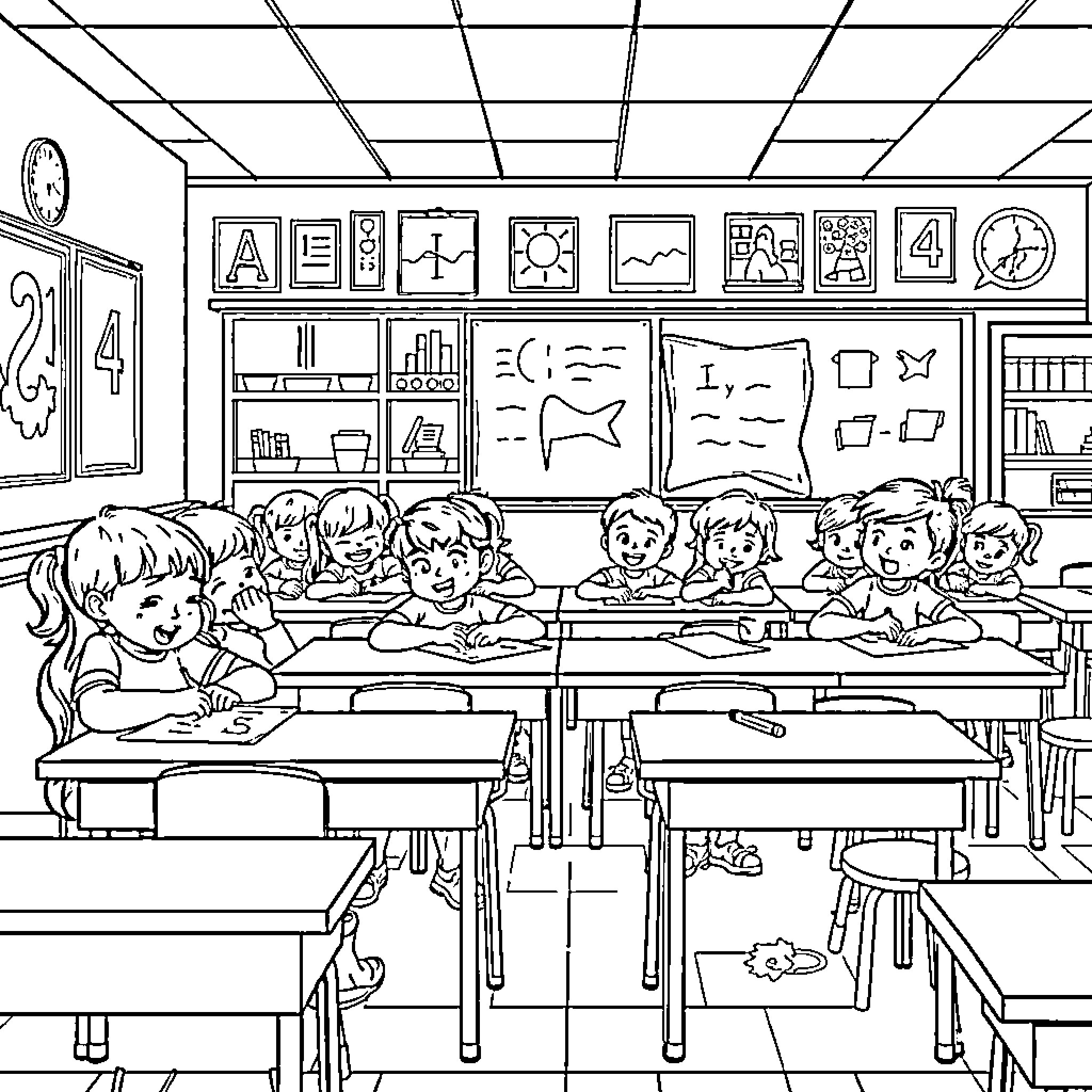 Kids learning in the classroom Coloring Page (free black-and-white line drawing printable PDF for all, from beginners to advanced learners, including children, teens, adults, and seniors)