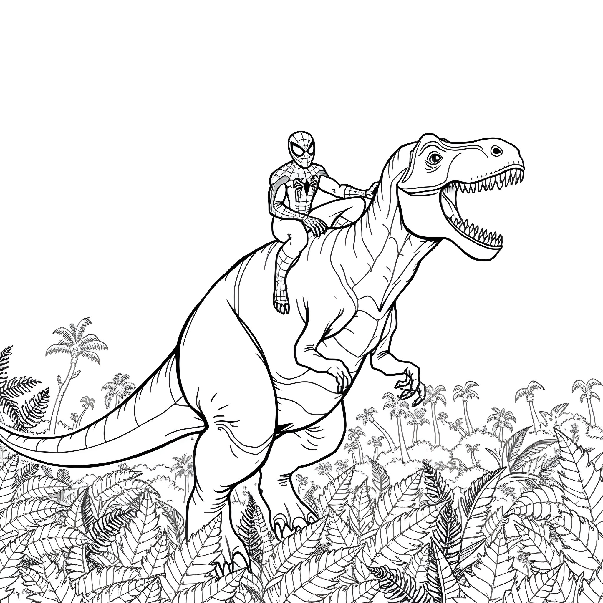 Spiderman riding a mighty dinosaur through the jungle Coloring Page (free black-and-white line drawing printable PDF for all, from beginners to advanced learners, including children, teens, adults, and seniors)