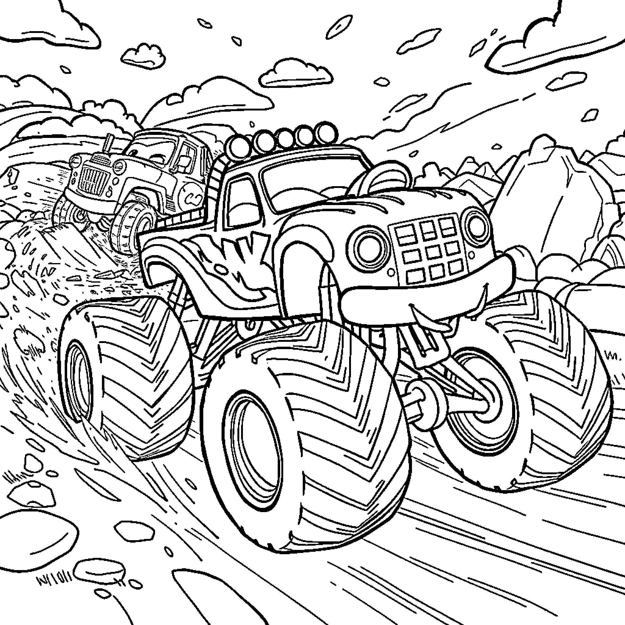Monster Truck Crushing through Rugged Terrain Coloring Page (free black-and-white line drawing printable PDF for all, from beginners to advanced learners, including children, teens, adults, and seniors)