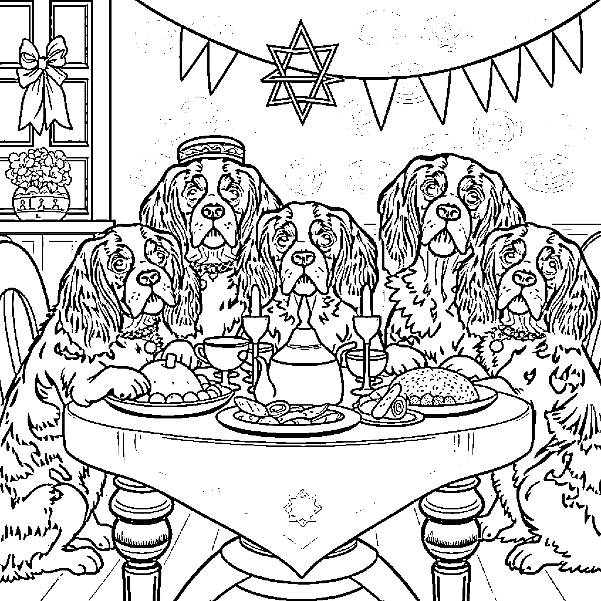 King Charles Cavalier dogs enjoying a festive gathering Coloring Page (free black-and-white line drawing printable PDF for all, from beginners to advanced learners, including children, teens, adults, and seniors)