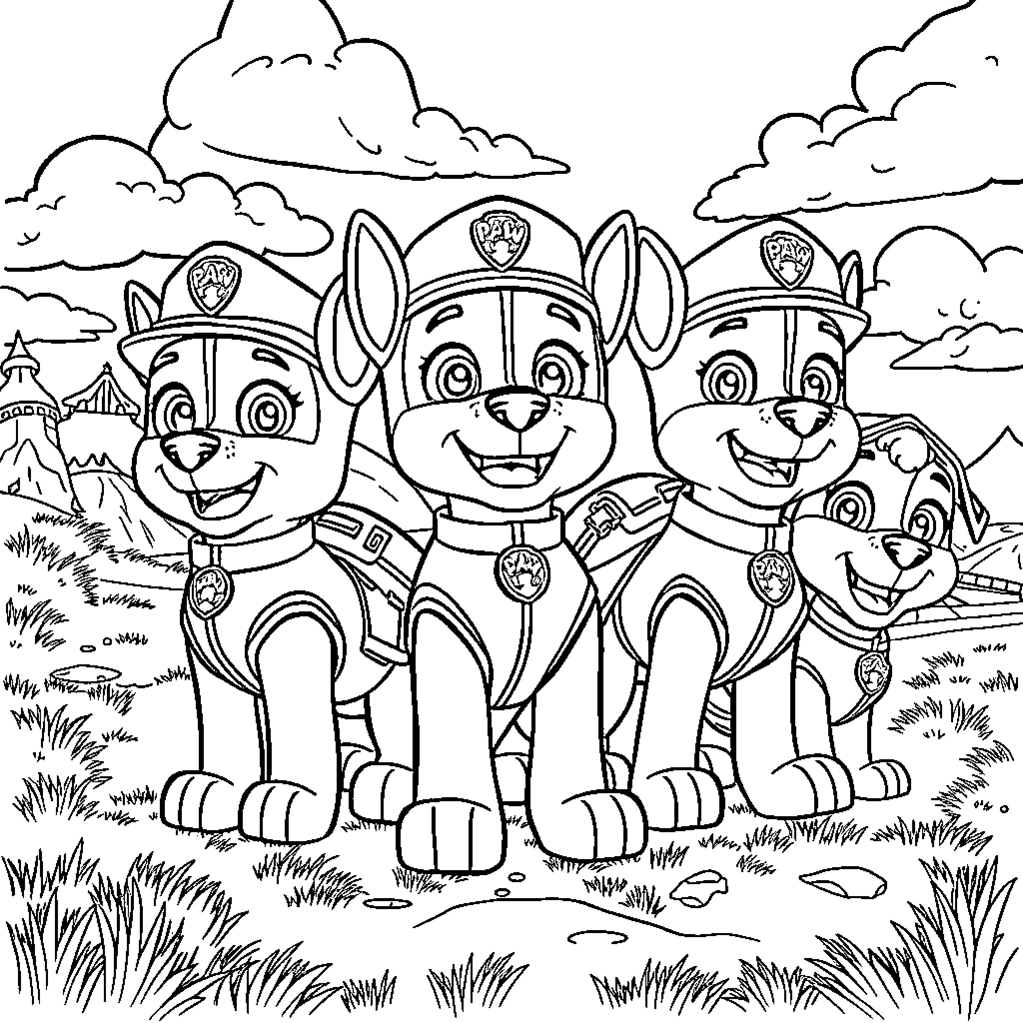 Paw Patrol Team on an Outdoor Adventure Coloring Page (free black-and-white line drawing printable PDF for all, from beginners to advanced learners, including children, teens, adults, and seniors)