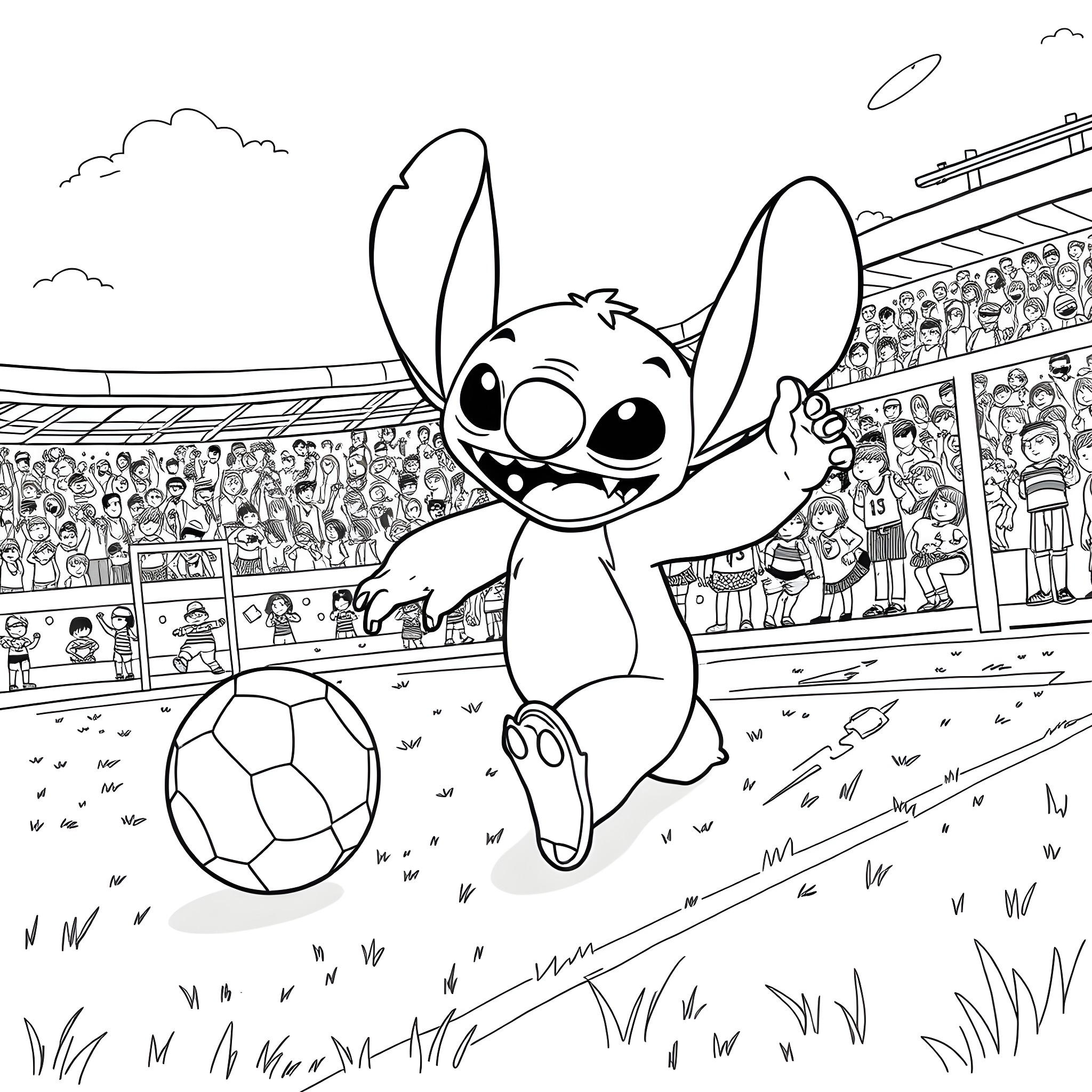 Stitch playing with a soccer ball in the stadium Coloring Page (free black-and-white line drawing printable PDF for all, from beginners to advanced learners, including children, teens, adults, and seniors)
