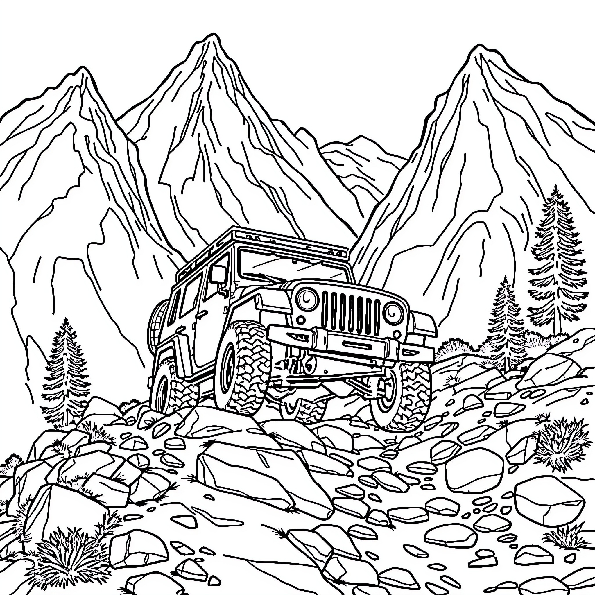 Offroad Car navigating rugged mountain terrain Coloring Page (free black-and-white line drawing printable PDF for all, from beginners to advanced learners, including children, teens, adults, and seniors)