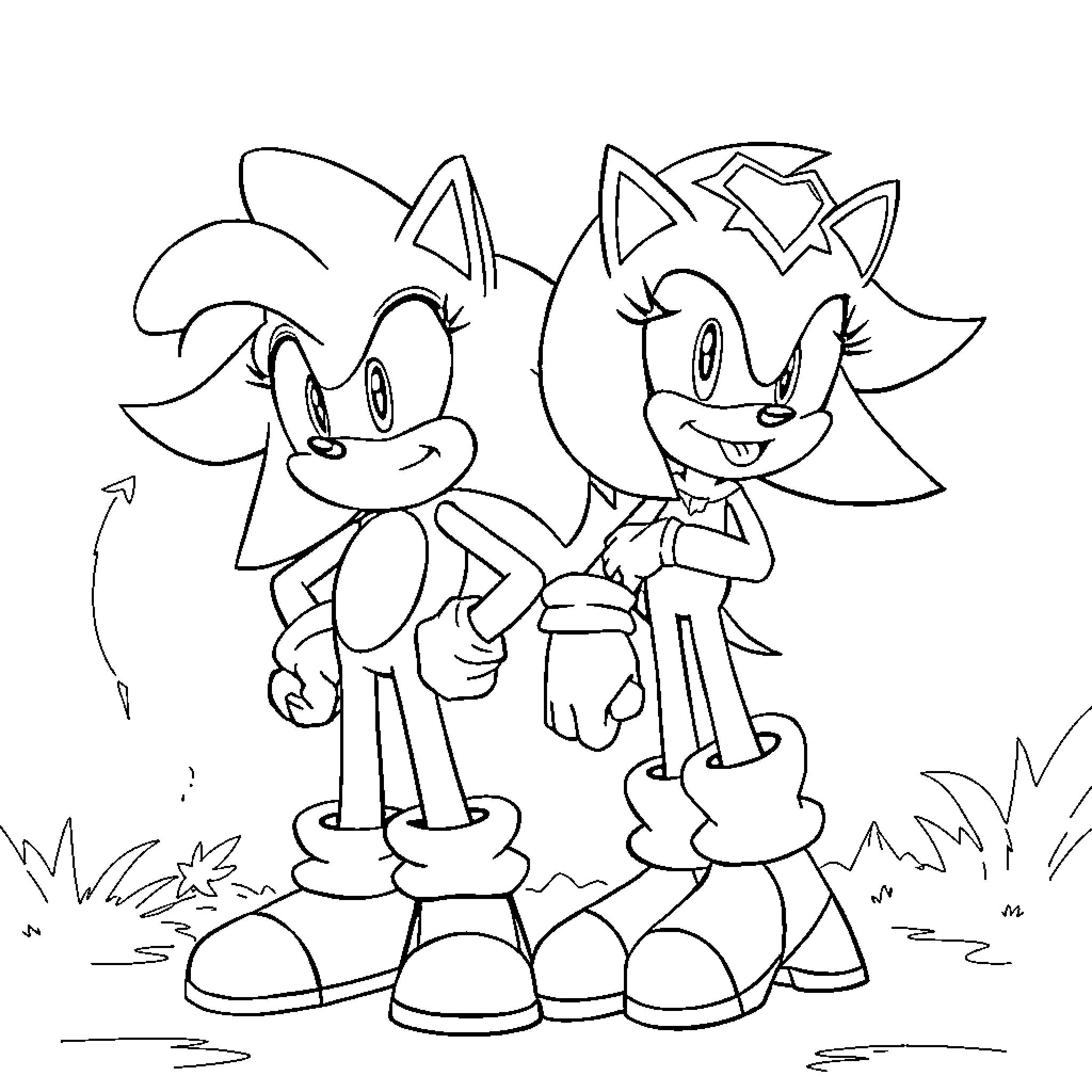 Sonic characters standing together and smiling in a field Coloring Page (free black-and-white line drawing printable PDF for all, from beginners to advanced learners, including children, teens, adults, and seniors)