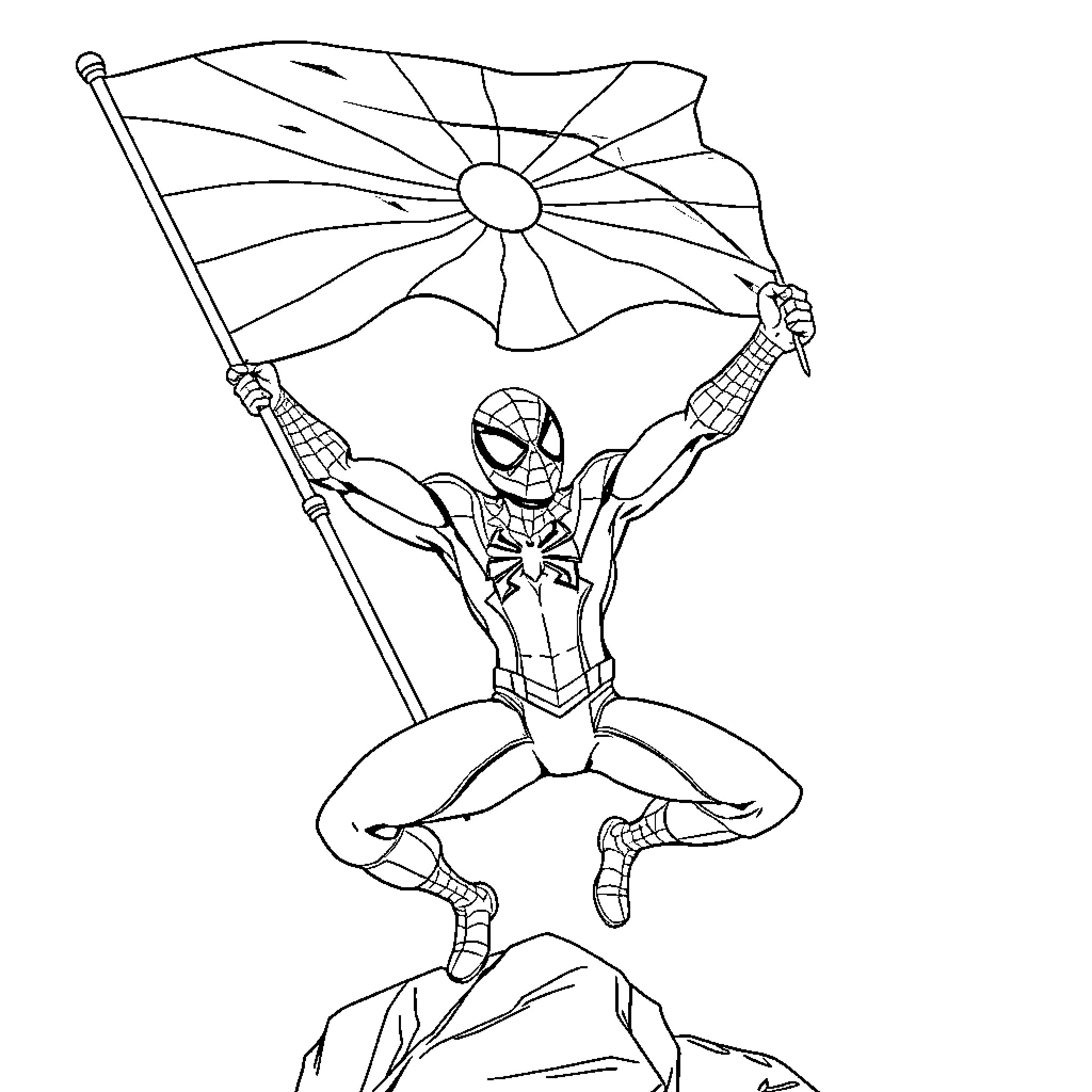 Spidey raises the flag with heroic pose Coloring Page (free black-and-white line drawing printable PDF for all, from beginners to advanced learners, including children, teens, adults, and seniors)