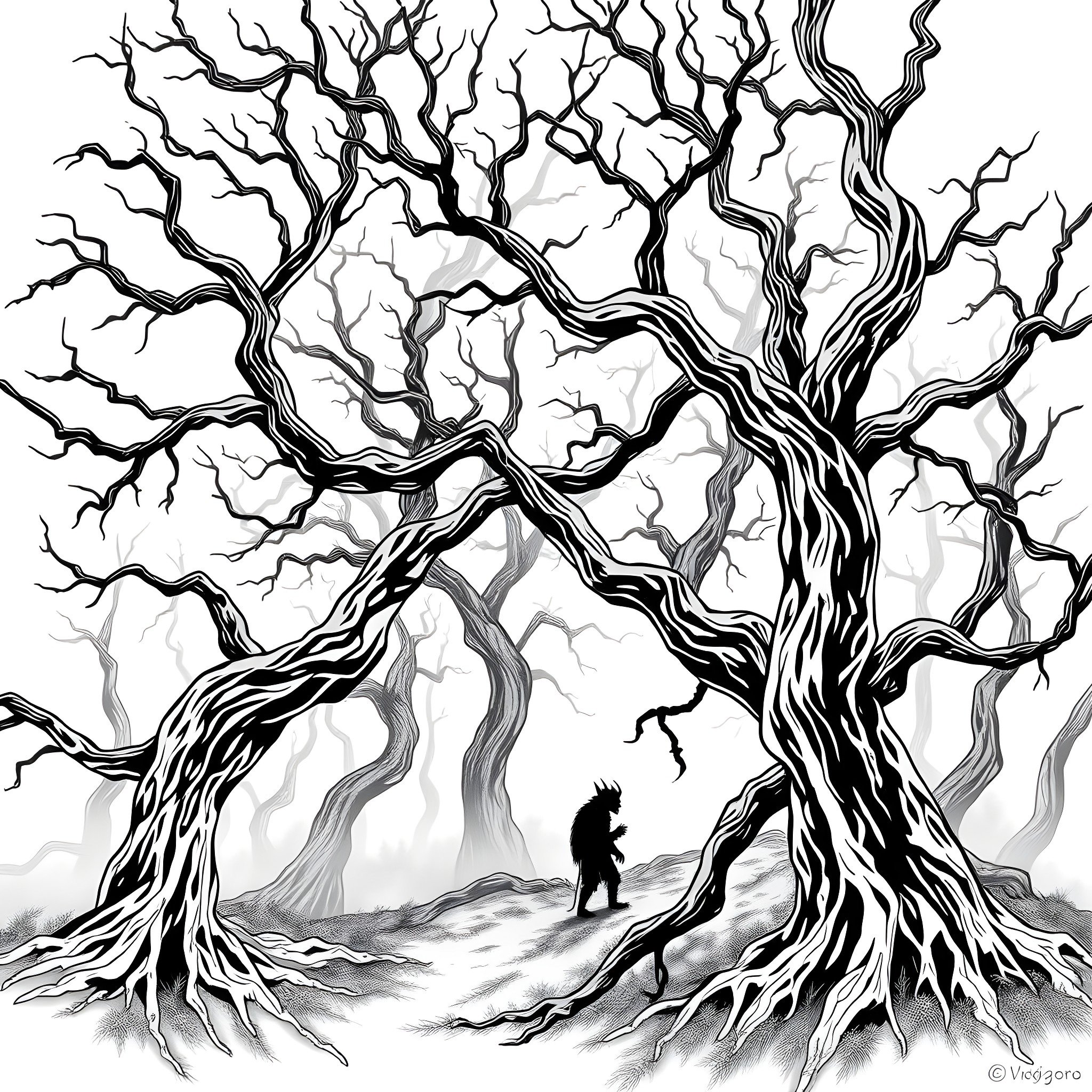 Wendigo haunting the twisted, gnarled forest Coloring Page (free black-and-white line drawing printable PDF for all, from beginners to advanced learners, including children, teens, adults, and seniors)