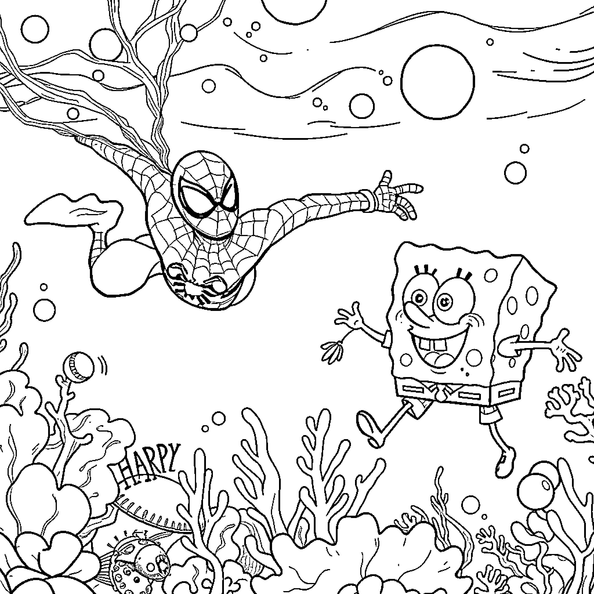 Spiderman swinging through the underwater scene with Spongebob Coloring Page (free black-and-white line drawing printable PDF for all, from beginners to advanced learners, including children, teens, adults, and seniors)
