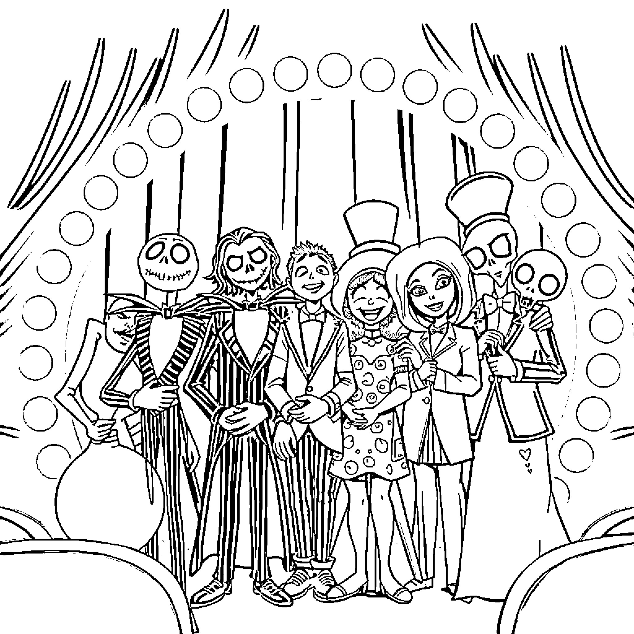 Character Ensemble in Whimsical Costumes Coloring Page (free black-and-white line drawing printable PDF for all, from beginners to advanced learners, including children, teens, adults, and seniors)
