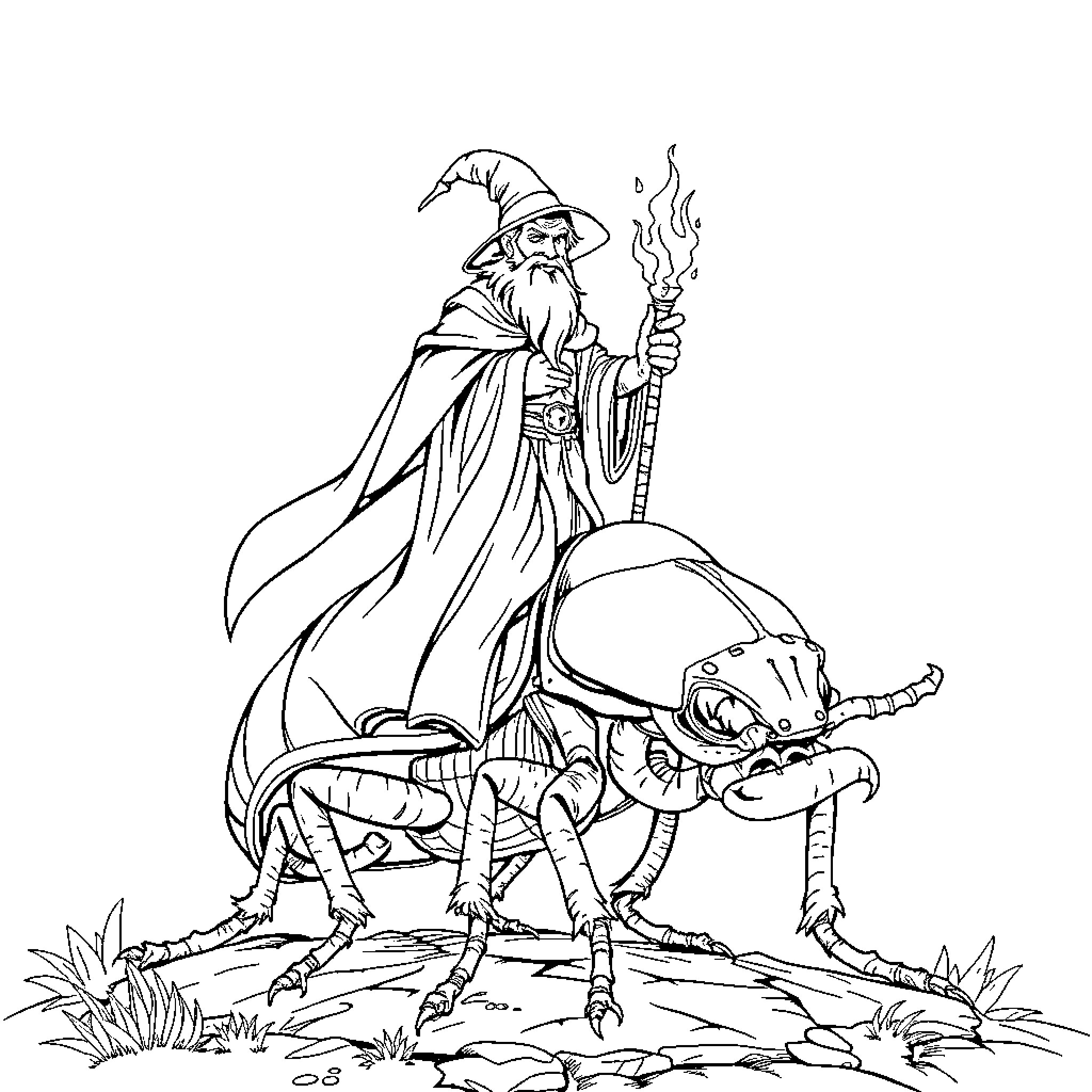 Wizard commanding a fantastical creature Coloring Page (free black-and-white line drawing printable PDF for all, from beginners to advanced learners, including children, teens, adults, and seniors)