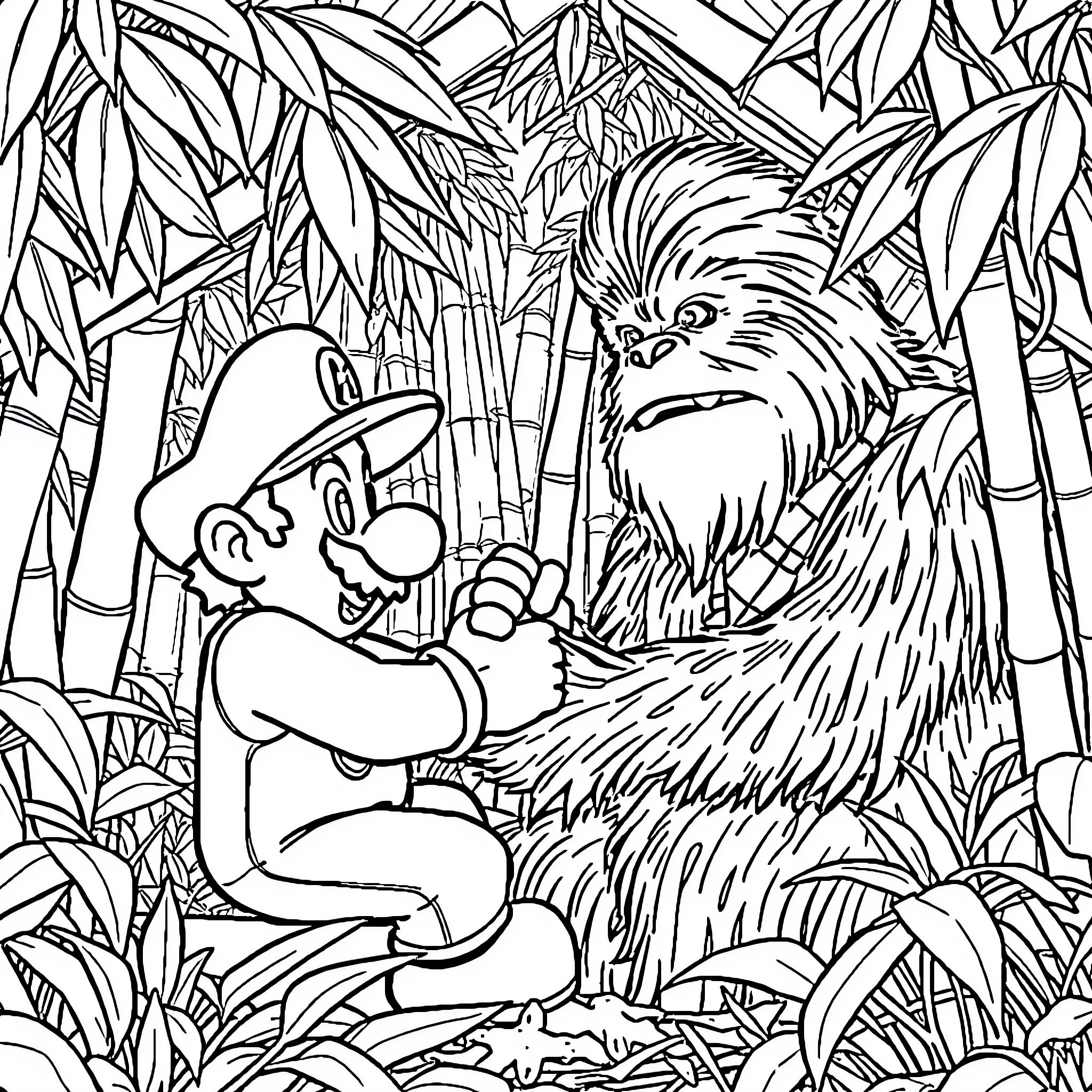 Mario exploring the jungle with a Wookiee companion Coloring Page (free black-and-white line drawing printable PDF for all, from beginners to advanced learners, including children, teens, adults, and seniors)
