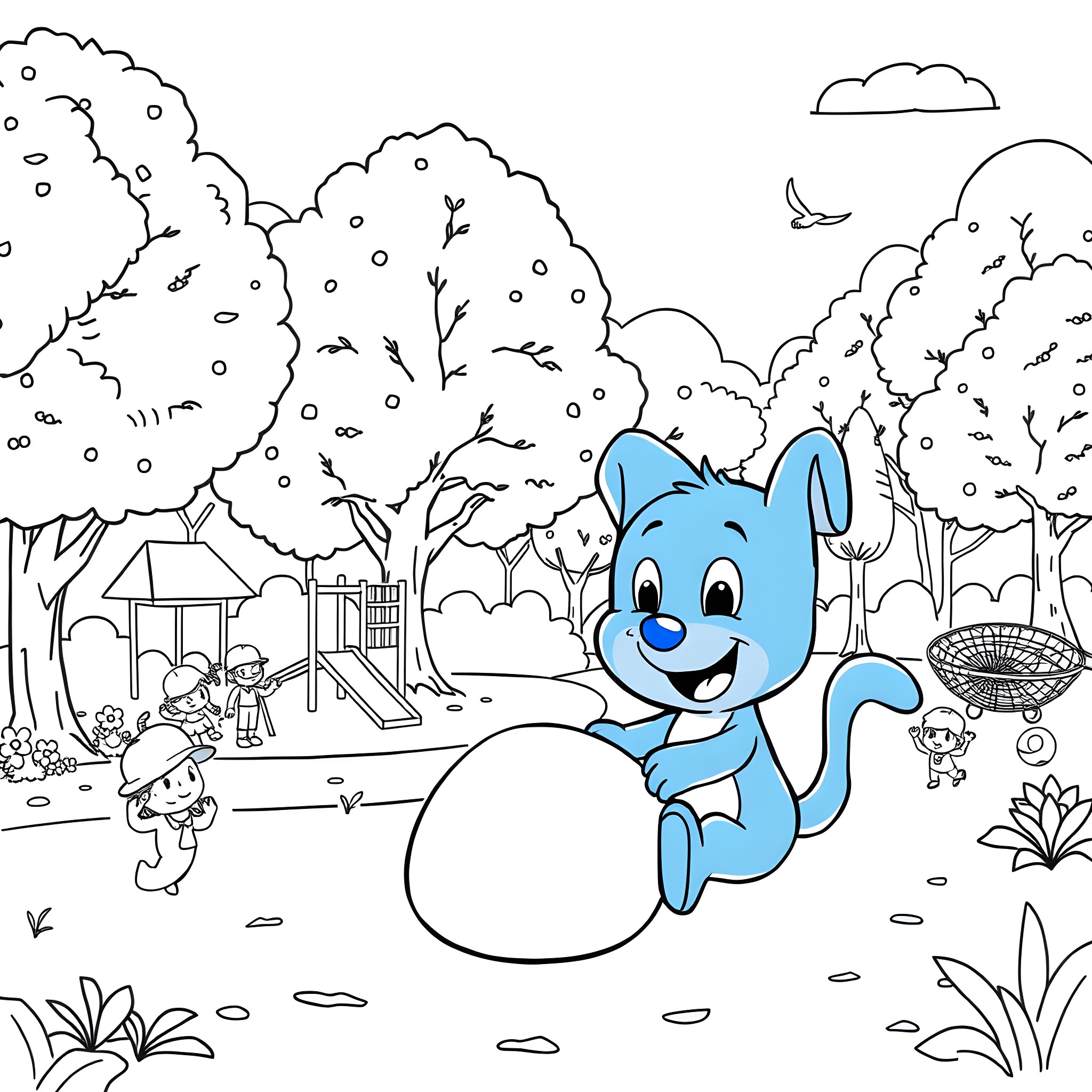 Bluey playing happily in the park with friends Coloring Page (free black-and-white line drawing printable PDF for all, from beginners to advanced learners, including children, teens, adults, and seniors)