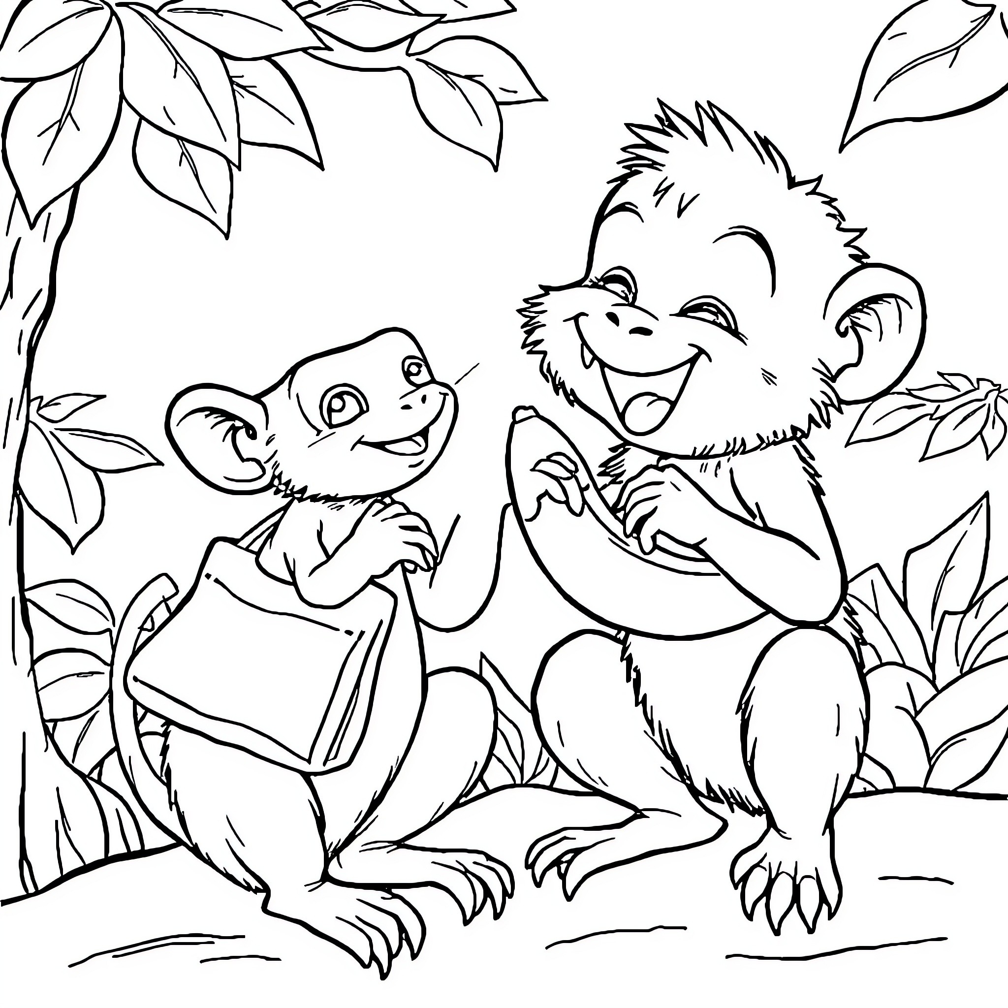 Simian Siblings Sharing Smiles in Serene Setting Coloring Page (free black-and-white line drawing printable PDF for all, from beginners to advanced learners, including children, teens, adults, and seniors)