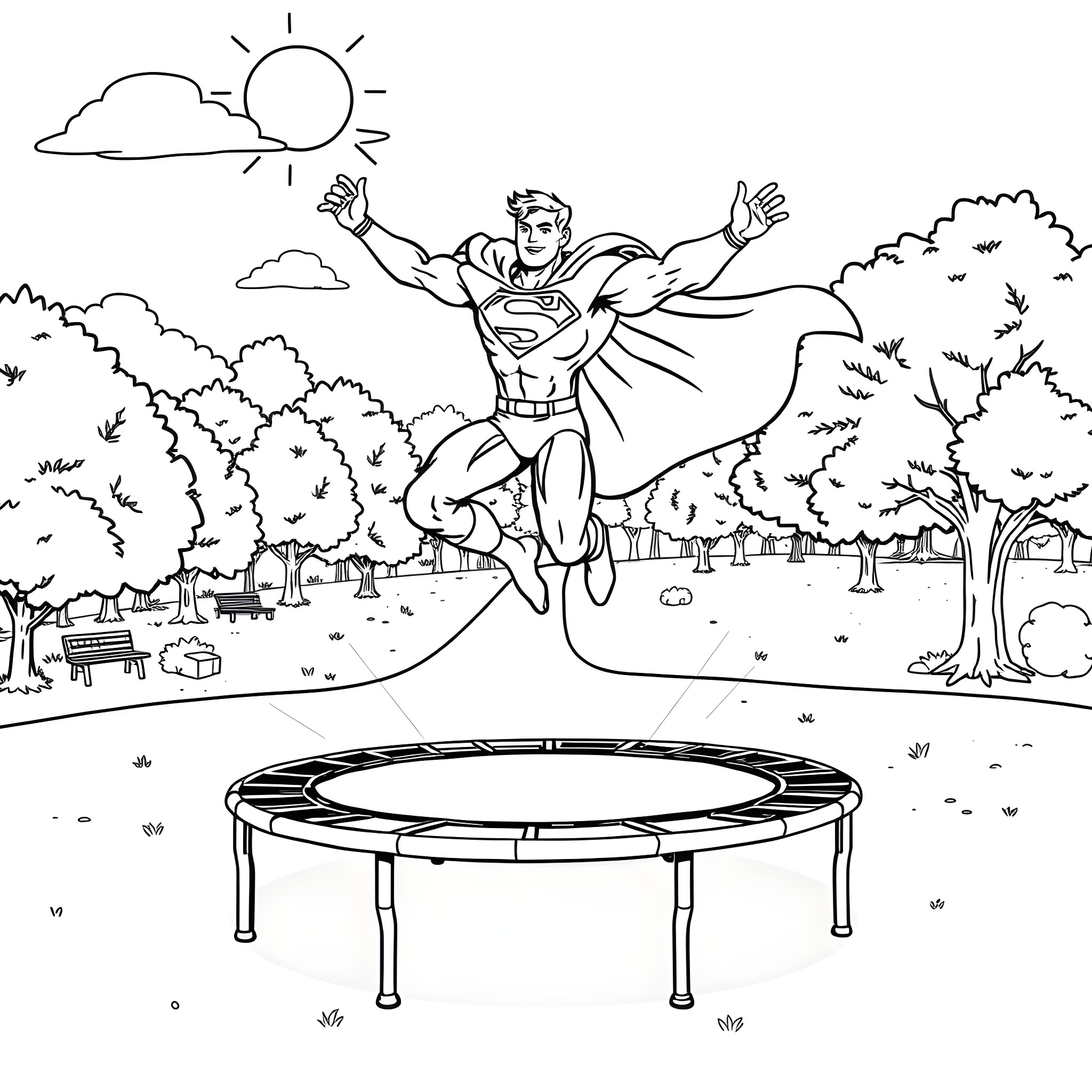 Superman soaring through the sky above a park Coloring Page (free black-and-white line drawing printable PDF for all, from beginners to advanced learners, including children, teens, adults, and seniors)