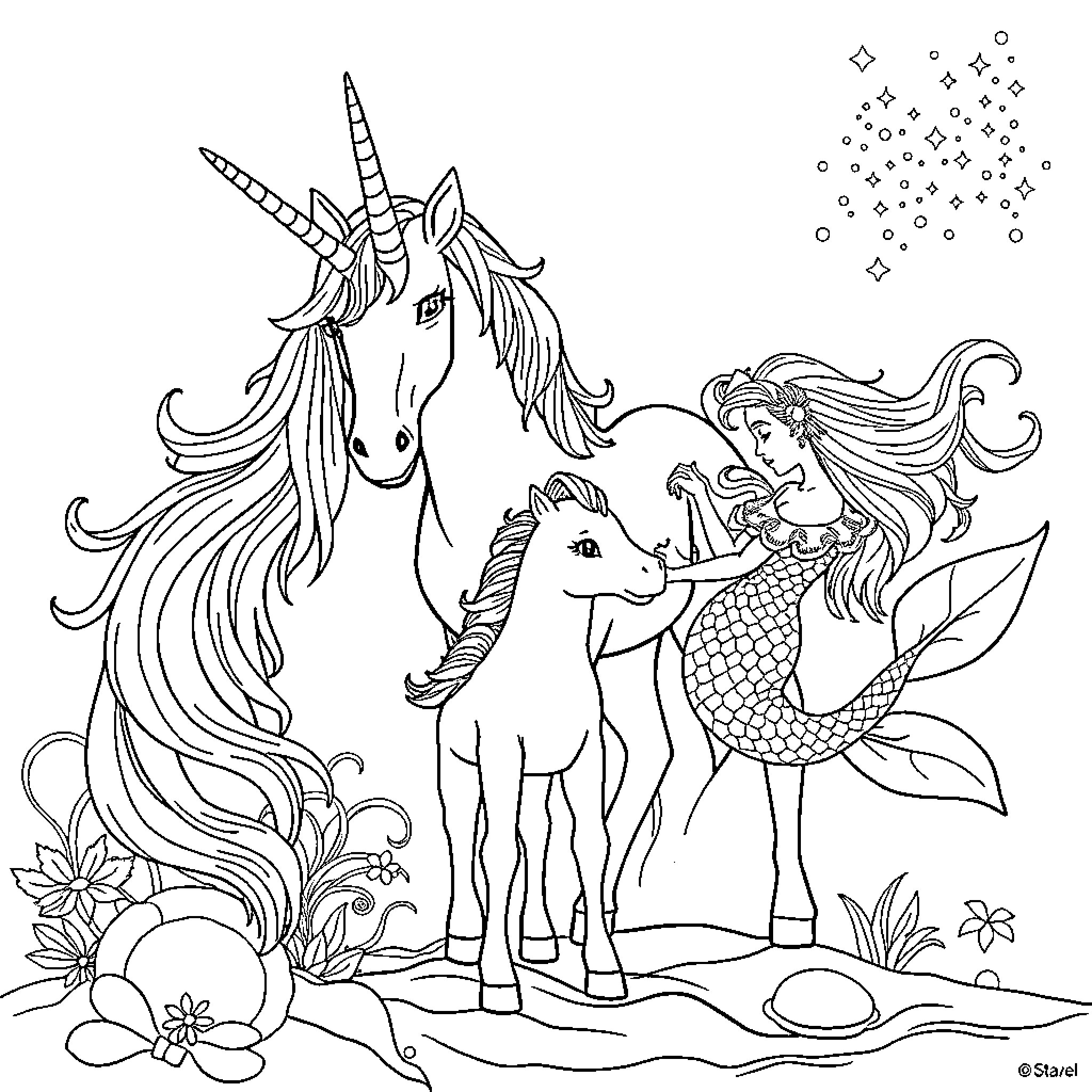 Unicorn and Mermaid Sharing a Magical Moment Coloring Page (free black-and-white line drawing printable PDF for all, from beginners to advanced learners, including children, teens, adults, and seniors)
