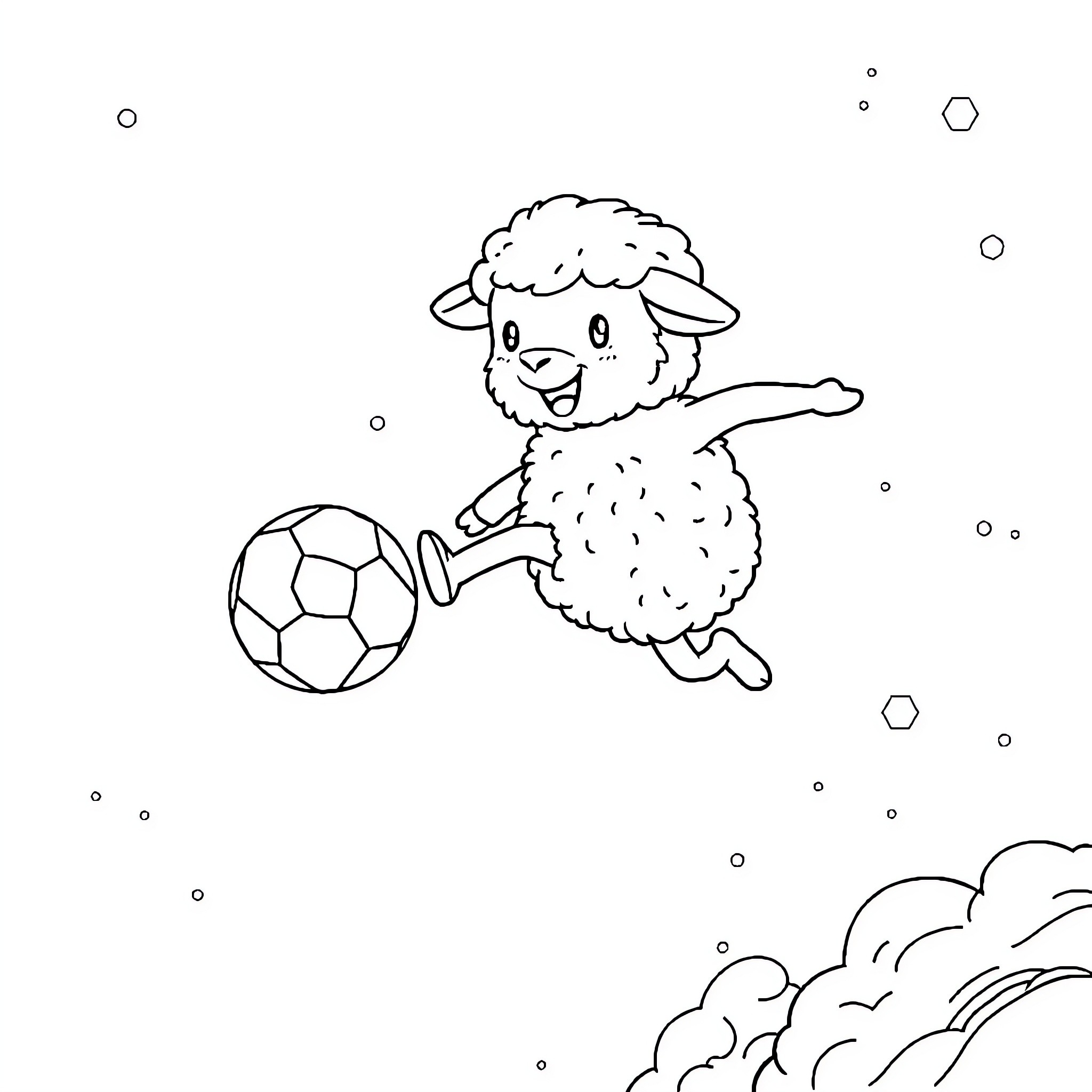 Sheep playing joyfully with soccer ball Coloring Page (free black-and-white line drawing printable PDF for all, from beginners to advanced learners, including children, teens, adults, and seniors)