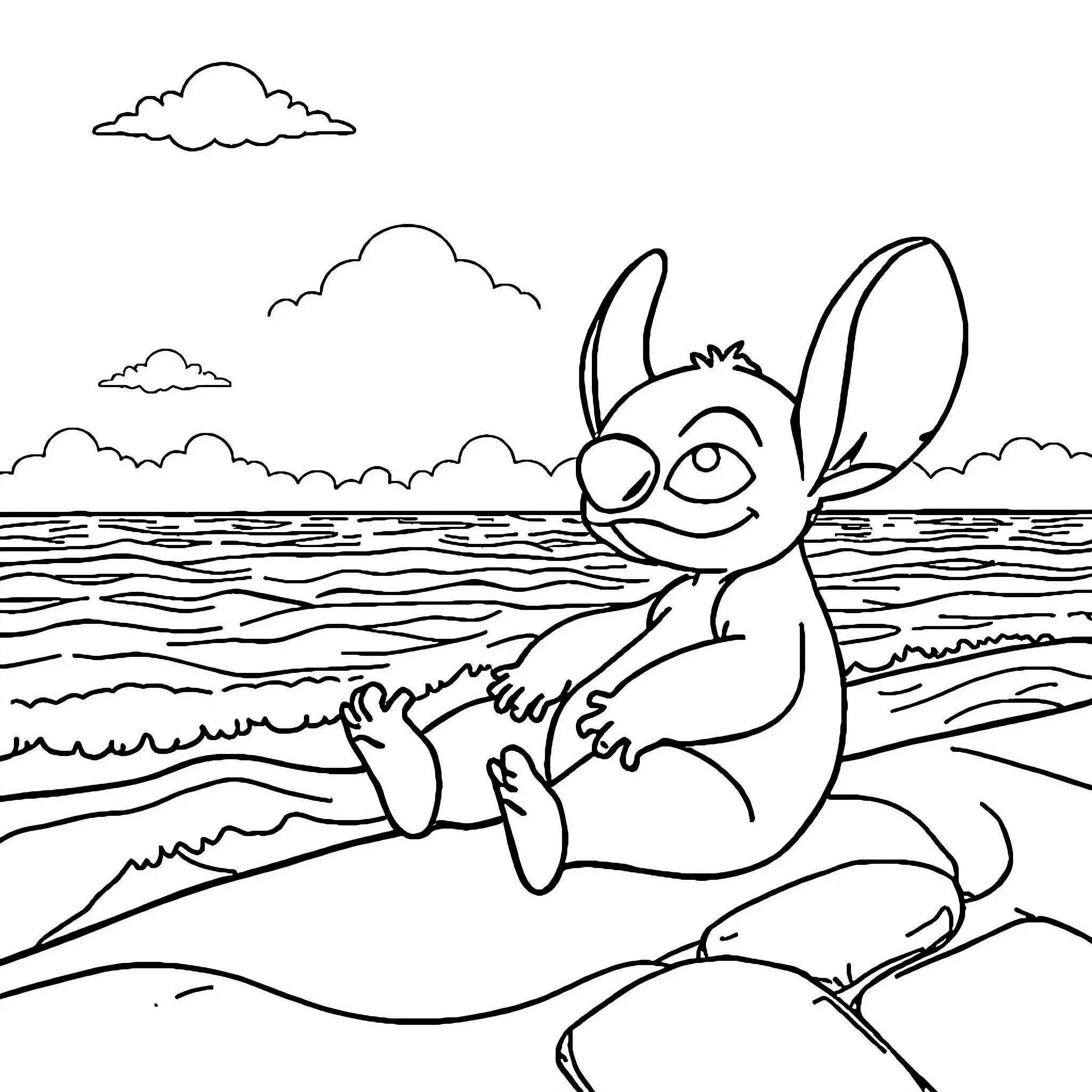 Stitch relaxing on the beach Coloring Page (free black-and-white line drawing printable PDF for all, from beginners to advanced learners, including children, teens, adults, and seniors)