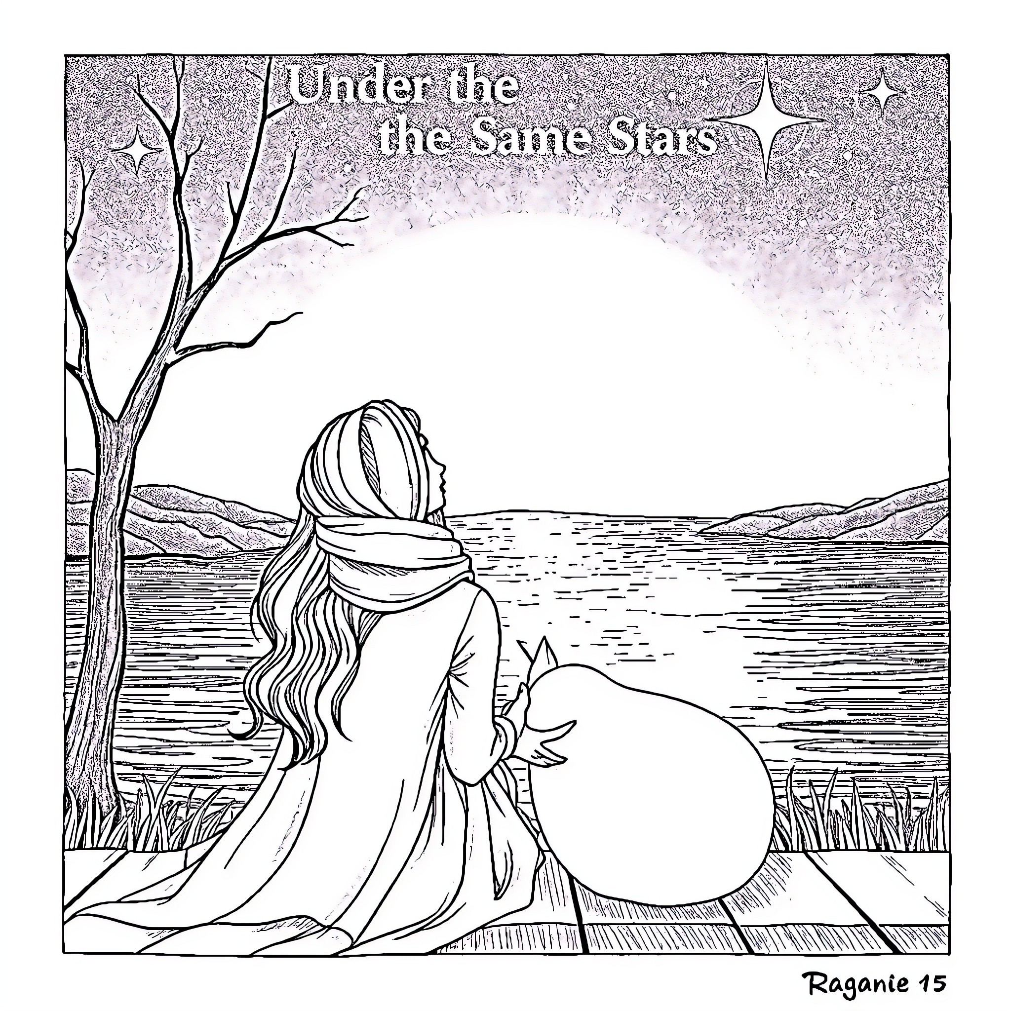 Artist depicts solitary figure gazing at night sky Coloring Page (free black-and-white line drawing printable PDF for all, from beginners to advanced learners, including children, teens, adults, and seniors)