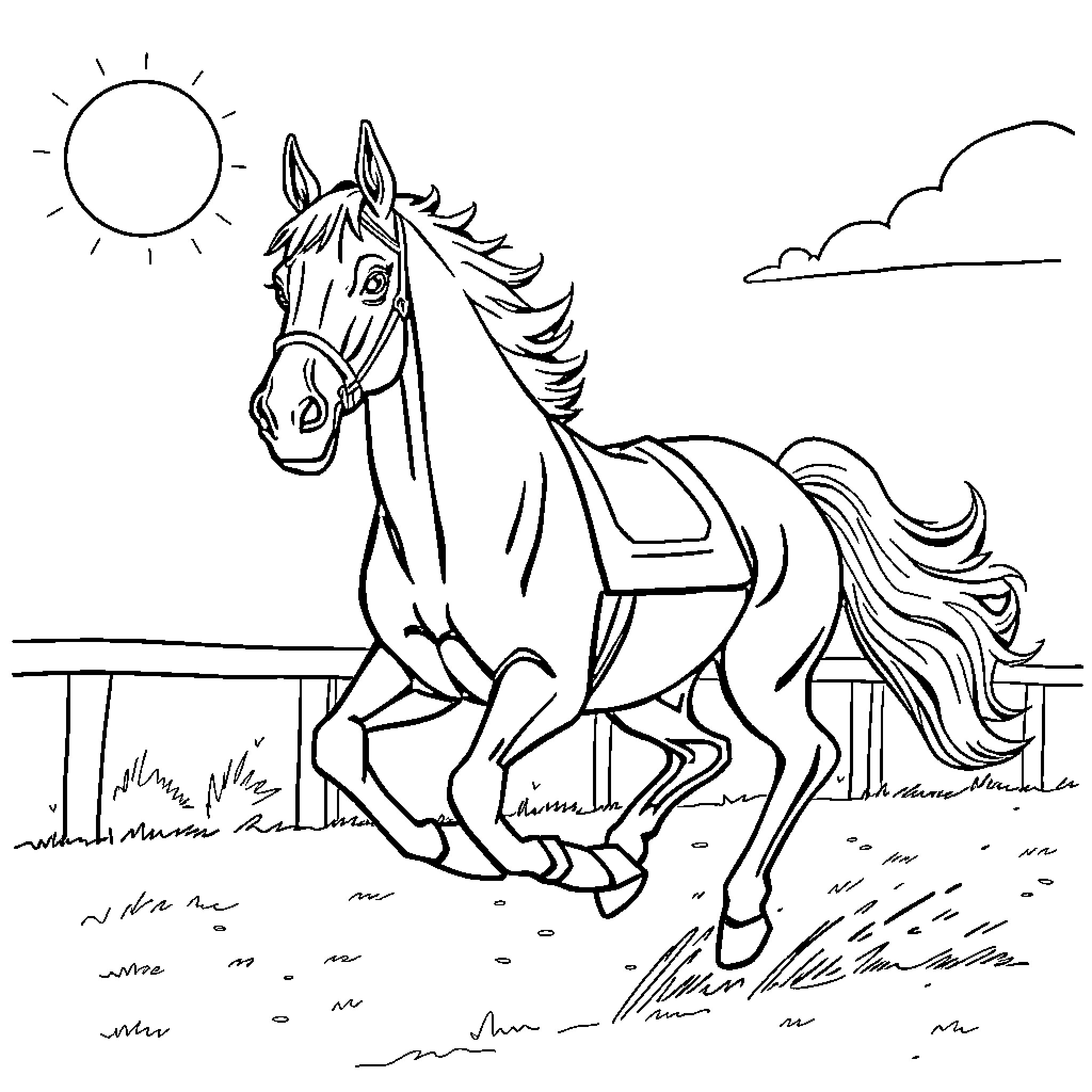 Horse galloping happily in the countryside Coloring Page (free black-and-white line drawing printable PDF for all, from beginners to advanced learners, including children, teens, adults, and seniors)