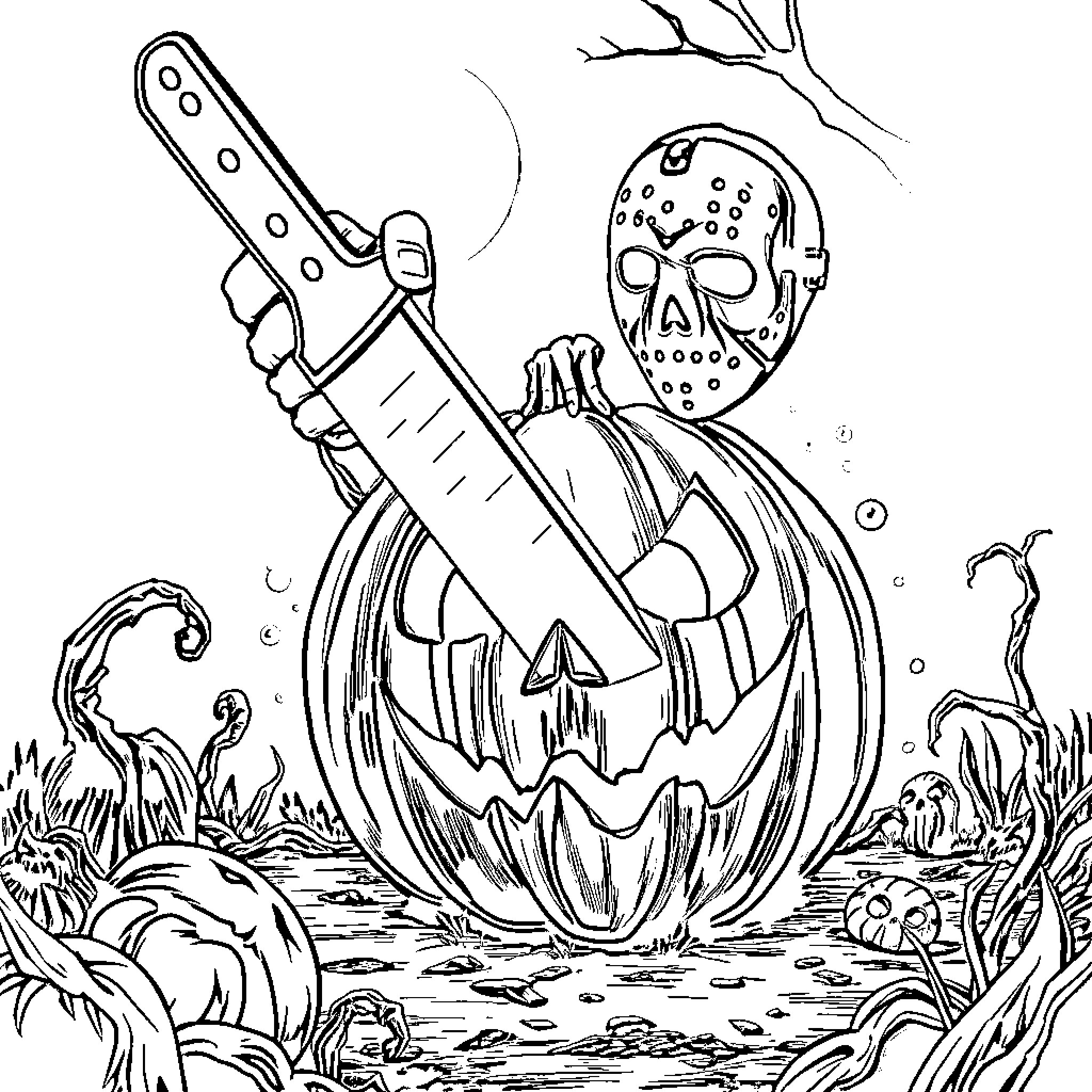 Jack-o'-lantern with a machete in a spooky forest scene Coloring Page (free black-and-white line drawing printable PDF for all, from beginners to advanced learners, including children, teens, adults, and seniors)
