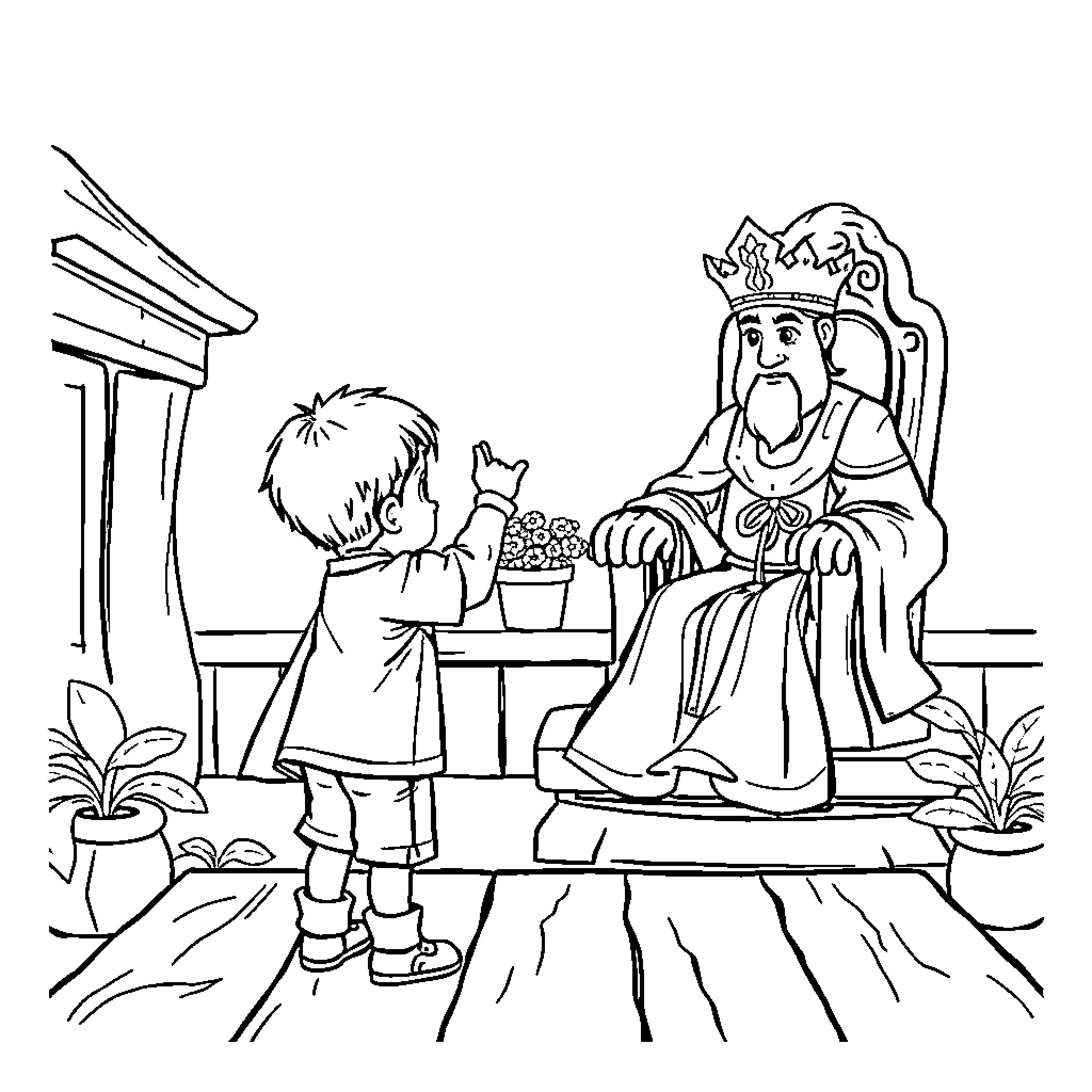 Boy presenting flowers to elderly king Coloring Page (free black-and-white line drawing printable PDF for all, from beginners to advanced learners, including children, teens, adults, and seniors)