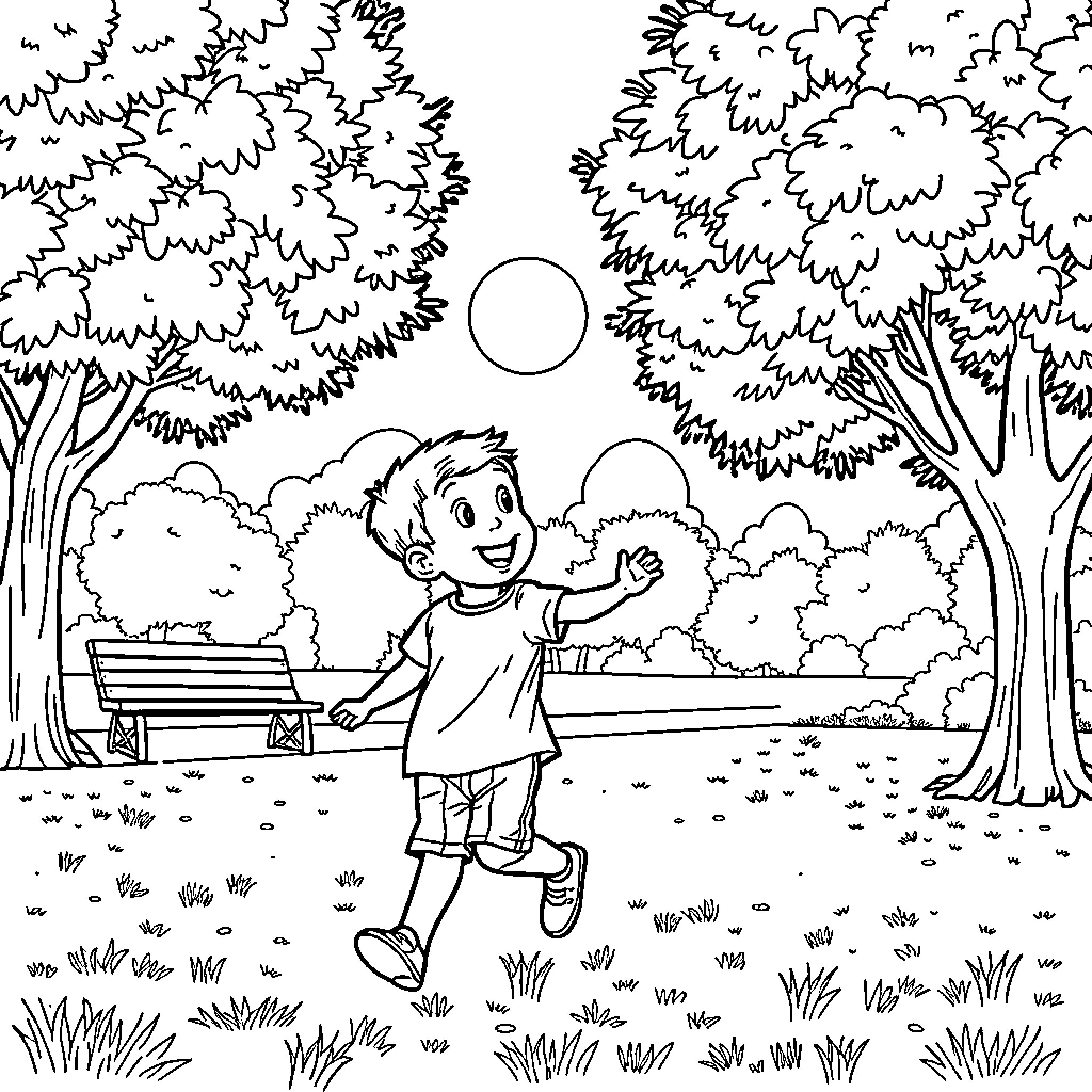 Kid playing joyfully in nature Coloring Page (free black-and-white line drawing printable PDF for all, from beginners to advanced learners, including children, teens, adults, and seniors)
