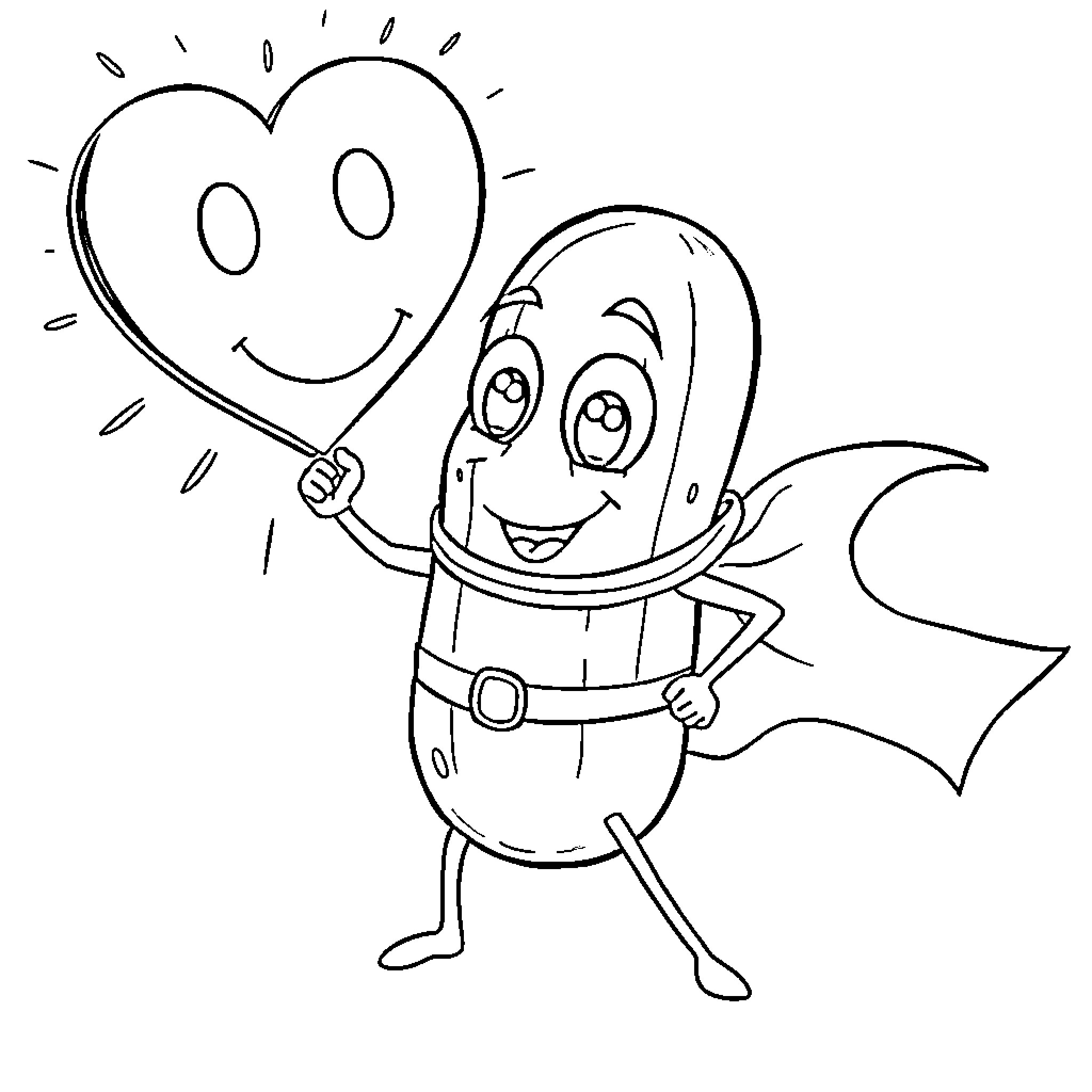 Pickle superhero holding a happy heart Coloring Page (free black-and-white line drawing printable PDF for all, from beginners to advanced learners, including children, teens, adults, and seniors)