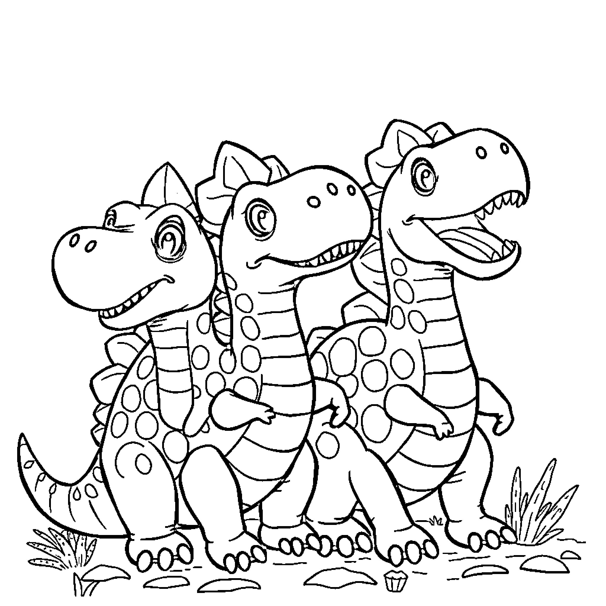 Dinosaur friends playing together happily Coloring Page (free black-and-white line drawing printable PDF for all, from beginners to advanced learners, including children, teens, adults, and seniors)