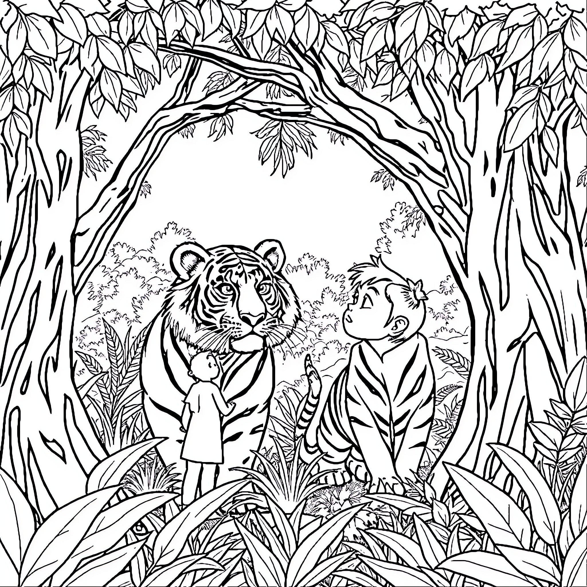 Niño exploring the jungle with a tiger Coloring Page (free black-and-white line drawing printable PDF for all, from beginners to advanced learners, including children, teens, adults, and seniors)