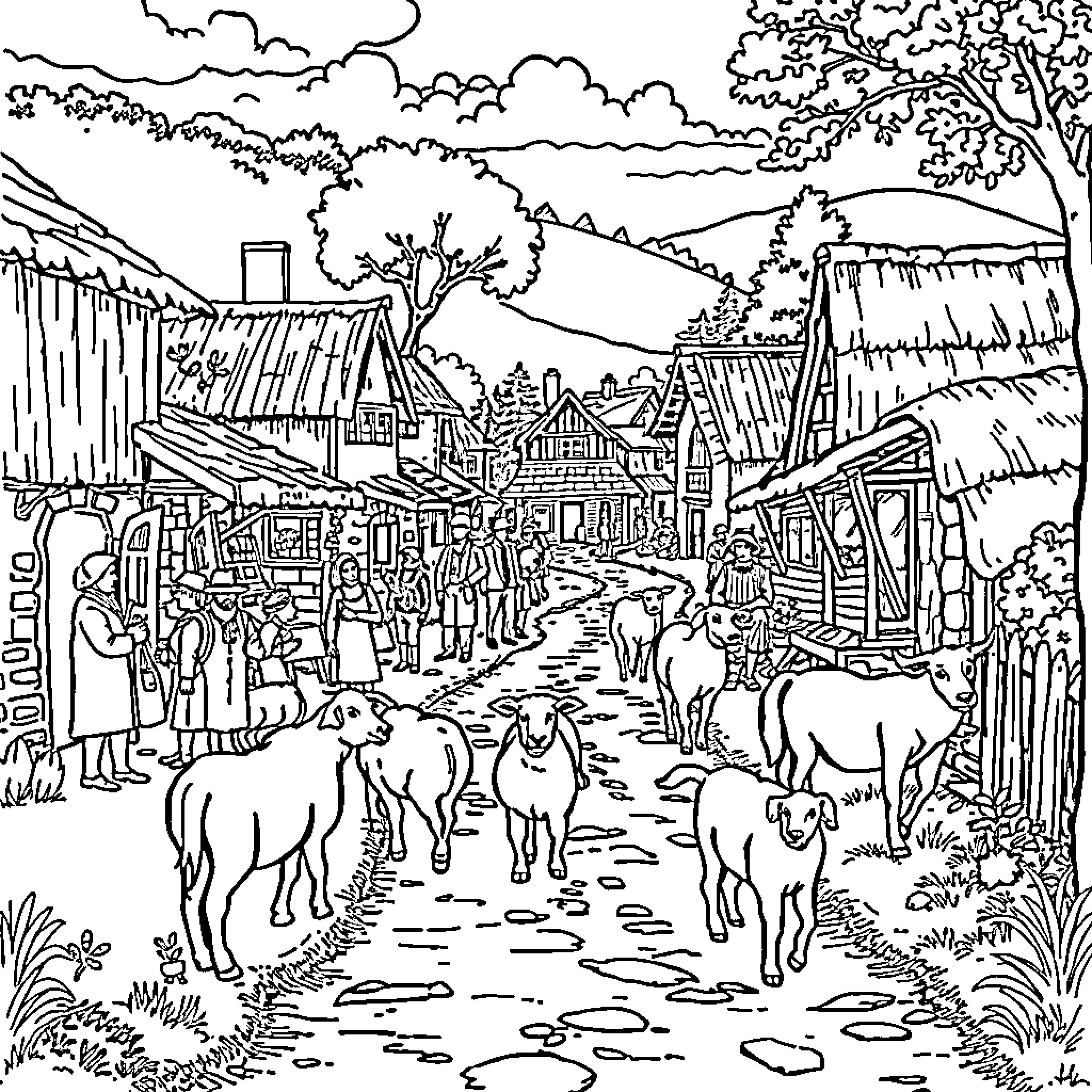 Village of bustling market and livestock Coloring Page (free black-and-white line drawing printable PDF for all, from beginners to advanced learners, including children, teens, adults, and seniors)