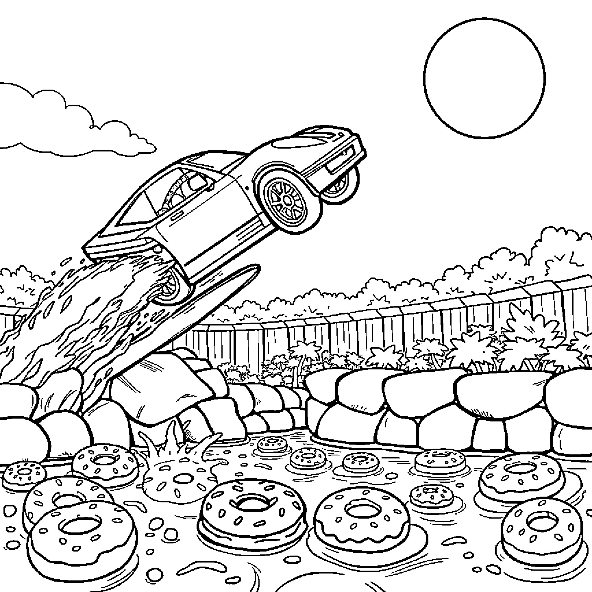 Car jumping over rocks and donuts in a landscape Coloring Page (free black-and-white line drawing printable PDF for all, from beginners to advanced learners, including children, teens, adults, and seniors)