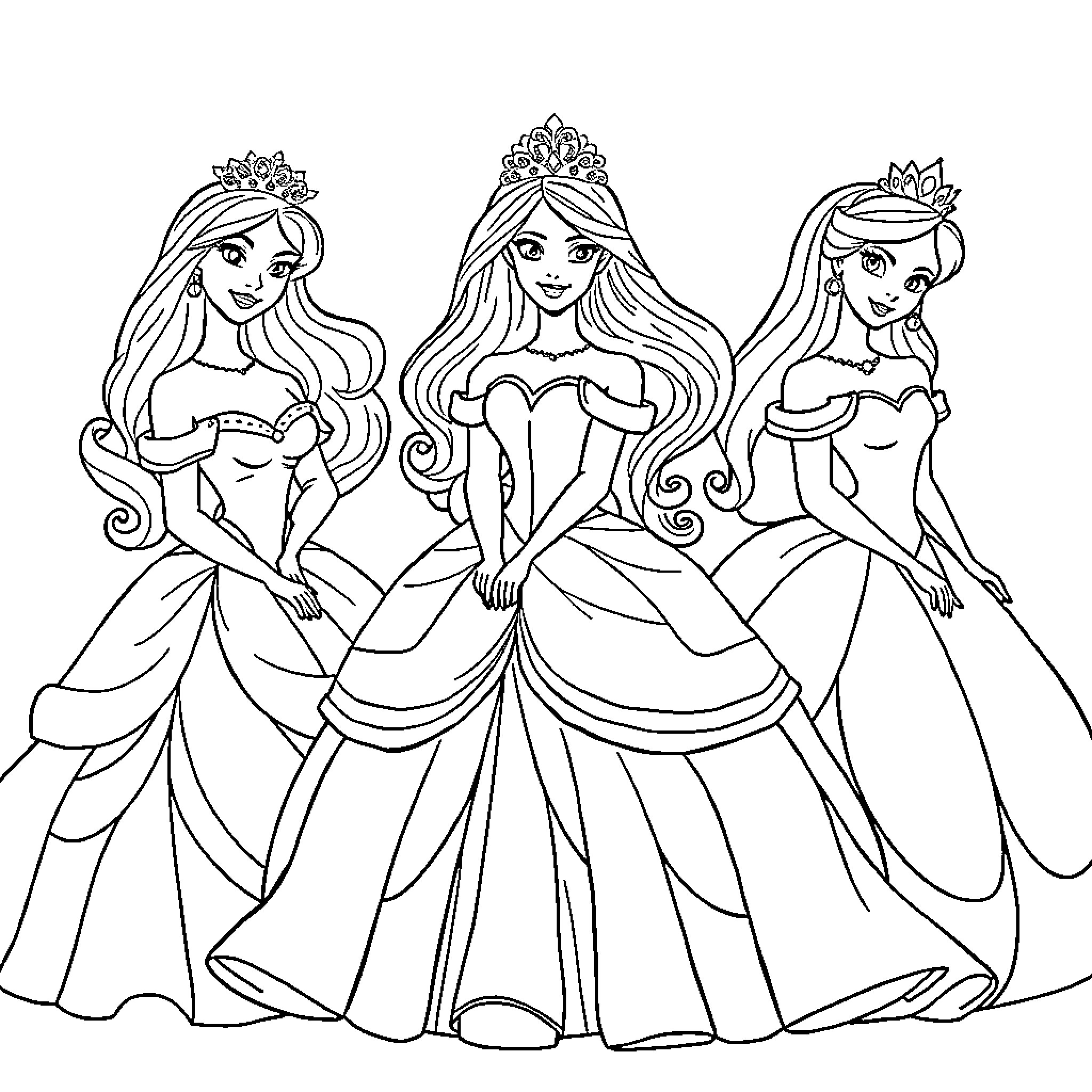 Princess Trio in Elegant Gowns Coloring Page (free black-and-white line drawing printable PDF for all, from beginners to advanced learners, including children, teens, adults, and seniors)