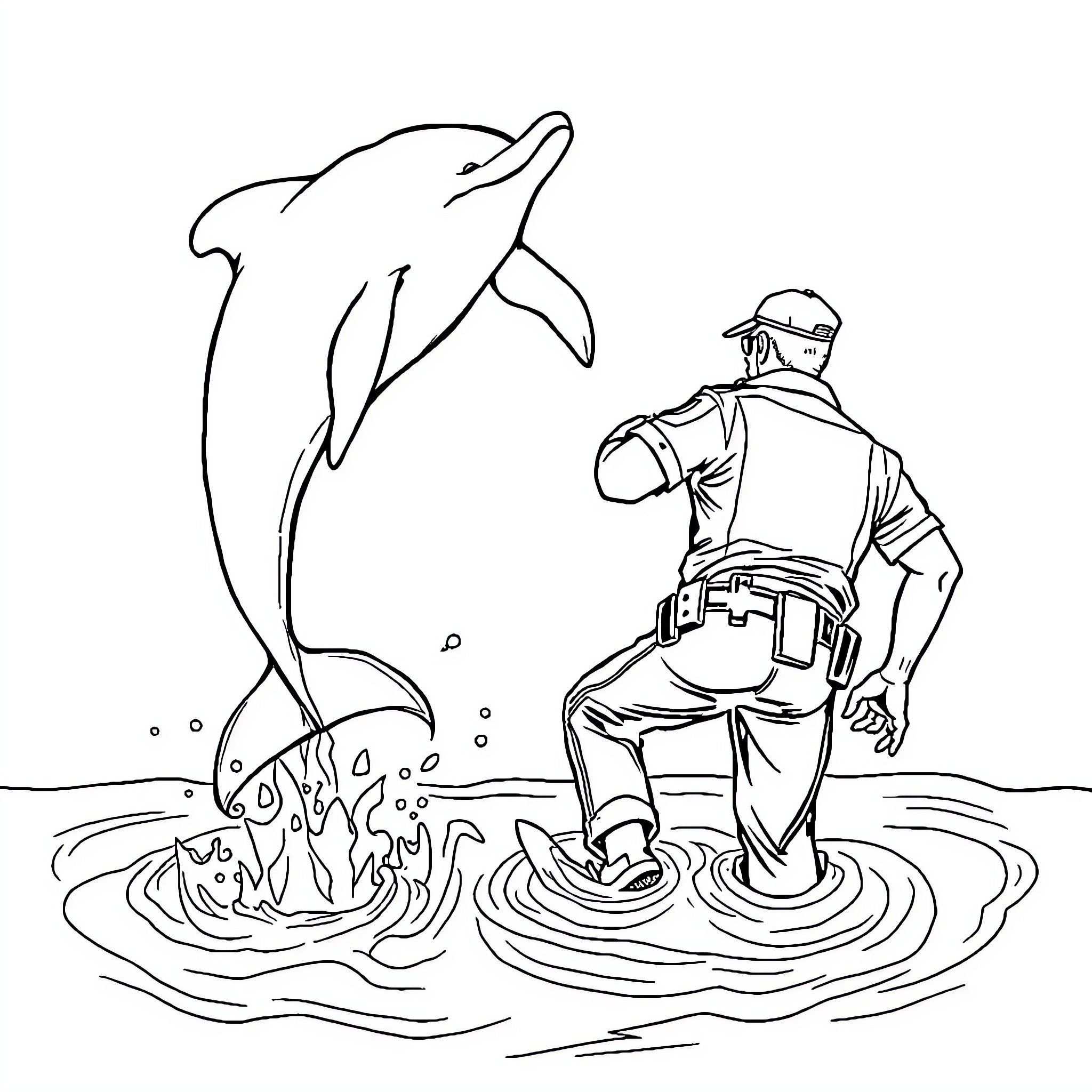 Dolphin leaping near curious researcher Coloring Page (free black-and-white line drawing printable PDF for all, from beginners to advanced learners, including children, teens, adults, and seniors)