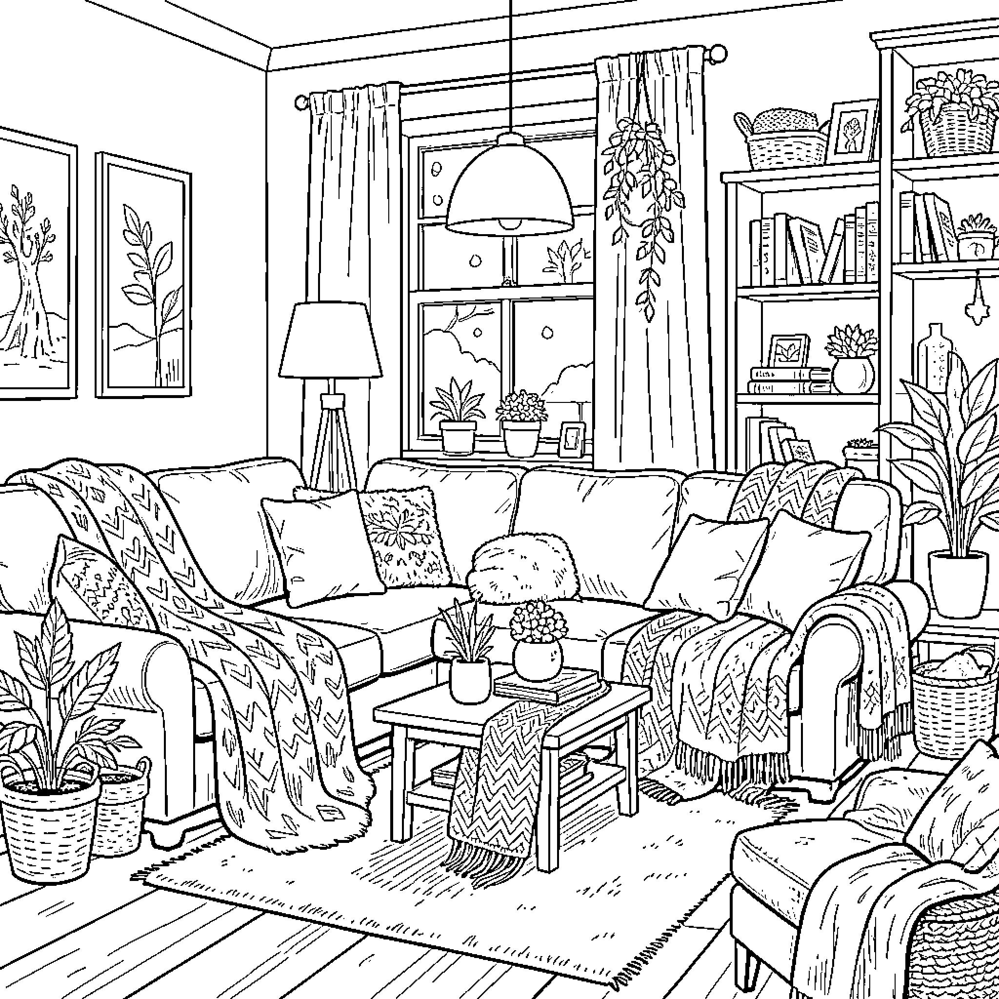 Living Room Filled with Cozy Decor and Greenery Coloring Page (free black-and-white line drawing printable PDF for all, from beginners to advanced learners, including children, teens, adults, and seniors)