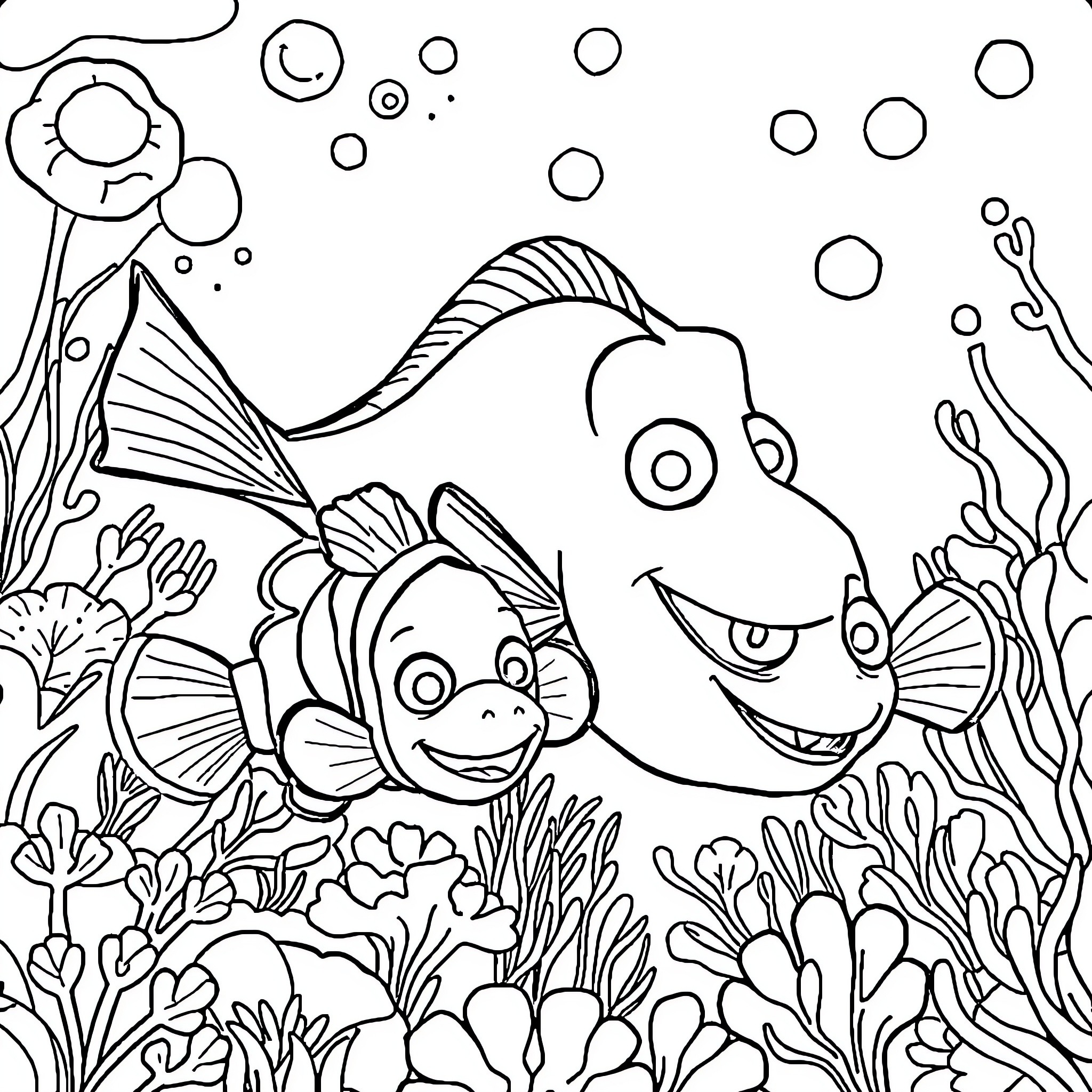 Dory and friends exploring the underwater world Coloring Page (free black-and-white line drawing printable PDF for all, from beginners to advanced learners, including children, teens, adults, and seniors)