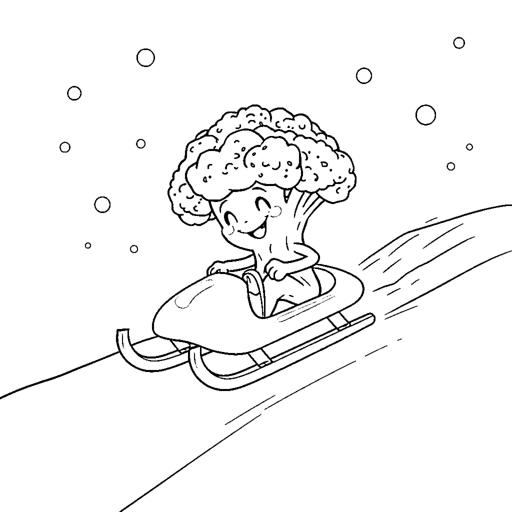 Broccoli riding a sled down a snowy hill Coloring Page (free black-and-white line drawing printable PDF for all, from beginners to advanced learners, including children, teens, adults, and seniors)
