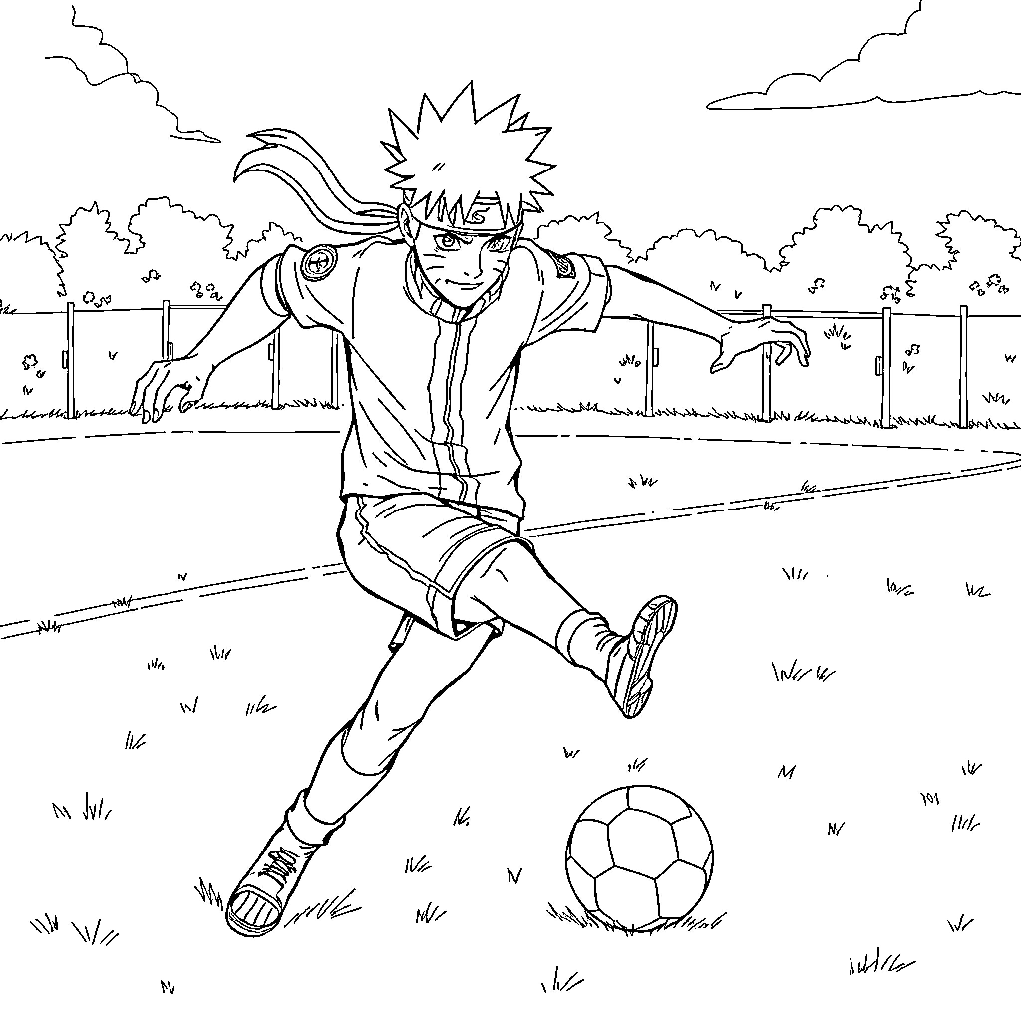 Naruto playing soccer excitedly on the field Coloring Page (free black-and-white line drawing printable PDF for all, from beginners to advanced learners, including children, teens, adults, and seniors)