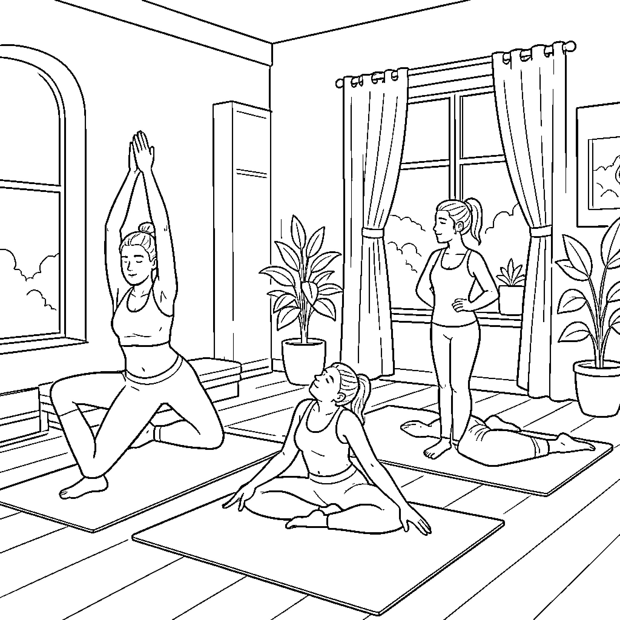 Yoga practice in cozy home setting Coloring Page (free black-and-white line drawing printable PDF for all, from beginners to advanced learners, including children, teens, adults, and seniors)