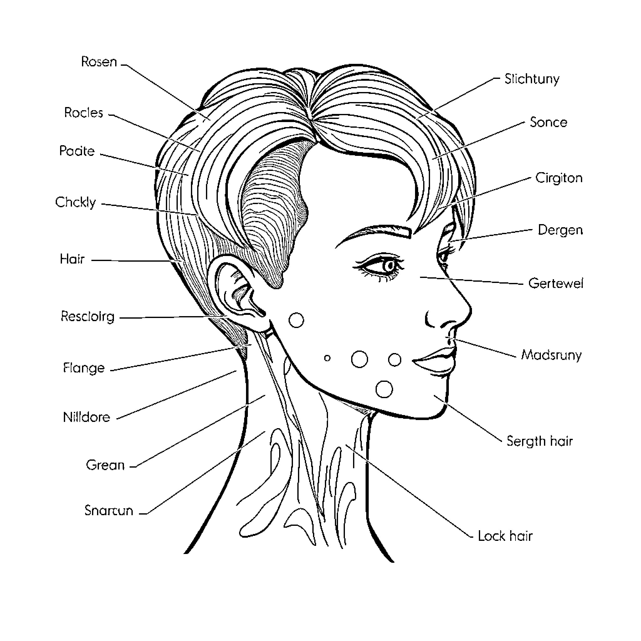 Anatomy of a Stylized Female Portrait Coloring Page (free black-and-white line drawing printable PDF for all, from beginners to advanced learners, including children, teens, adults, and seniors)