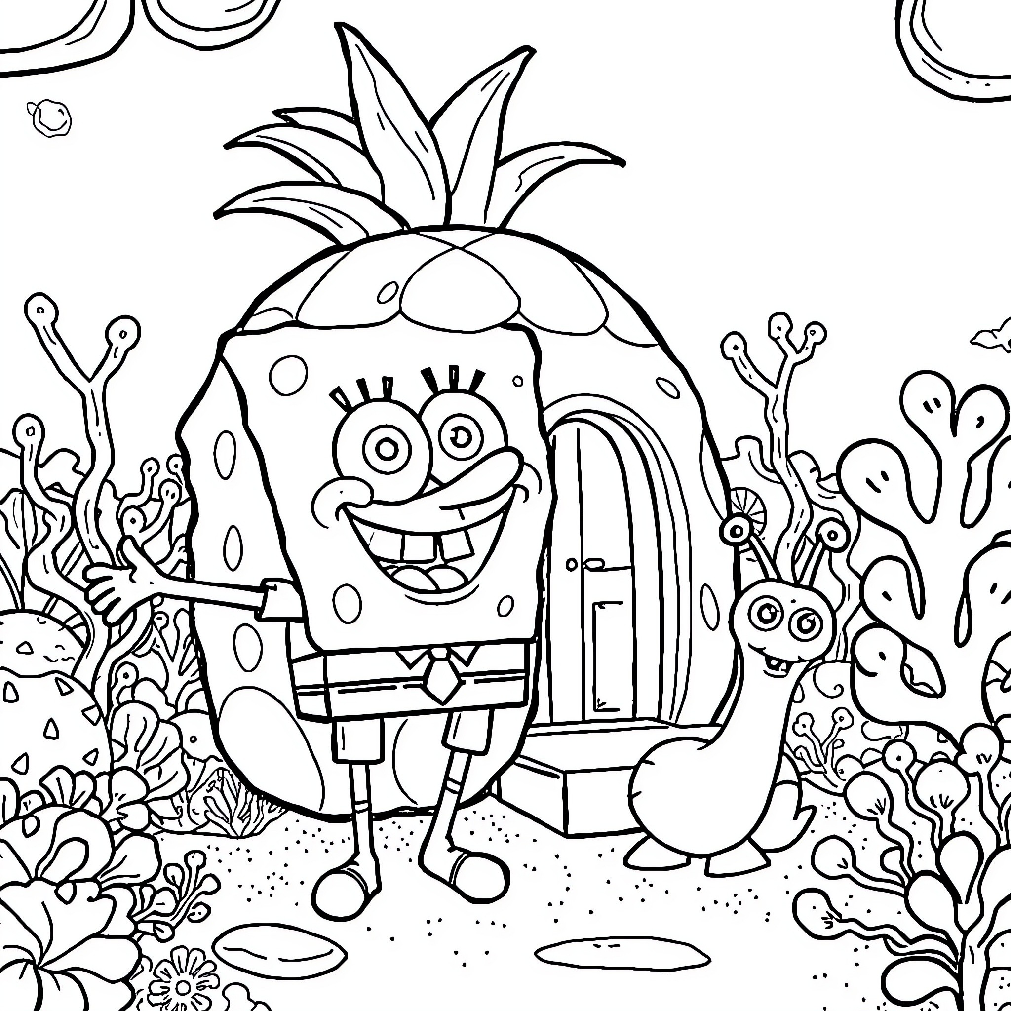 Spongebob exploring the underwater world Coloring Page (free black-and-white line drawing printable PDF for all, from beginners to advanced learners, including children, teens, adults, and seniors)