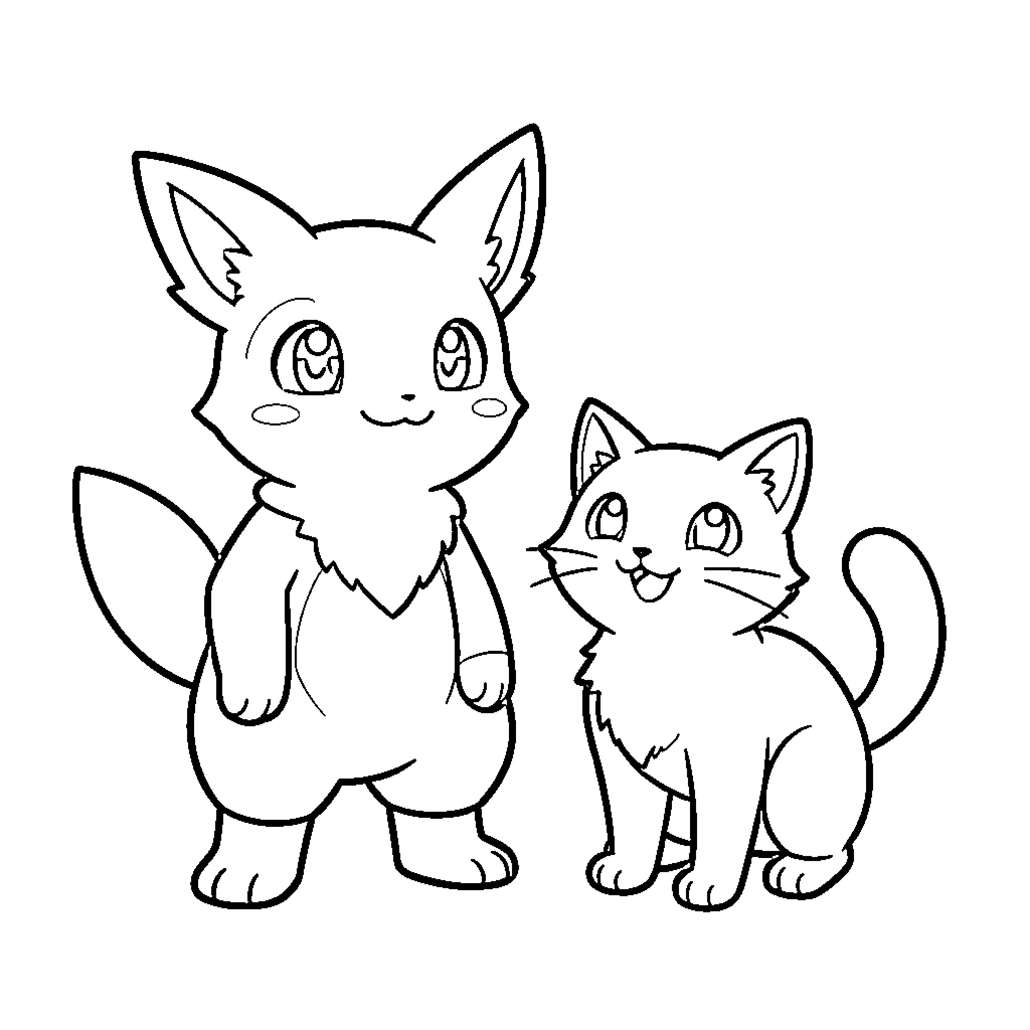 Pokémon standing together with friendly expressions Coloring Page (free black-and-white line drawing printable PDF for all, from beginners to advanced learners, including children, teens, adults, and seniors)