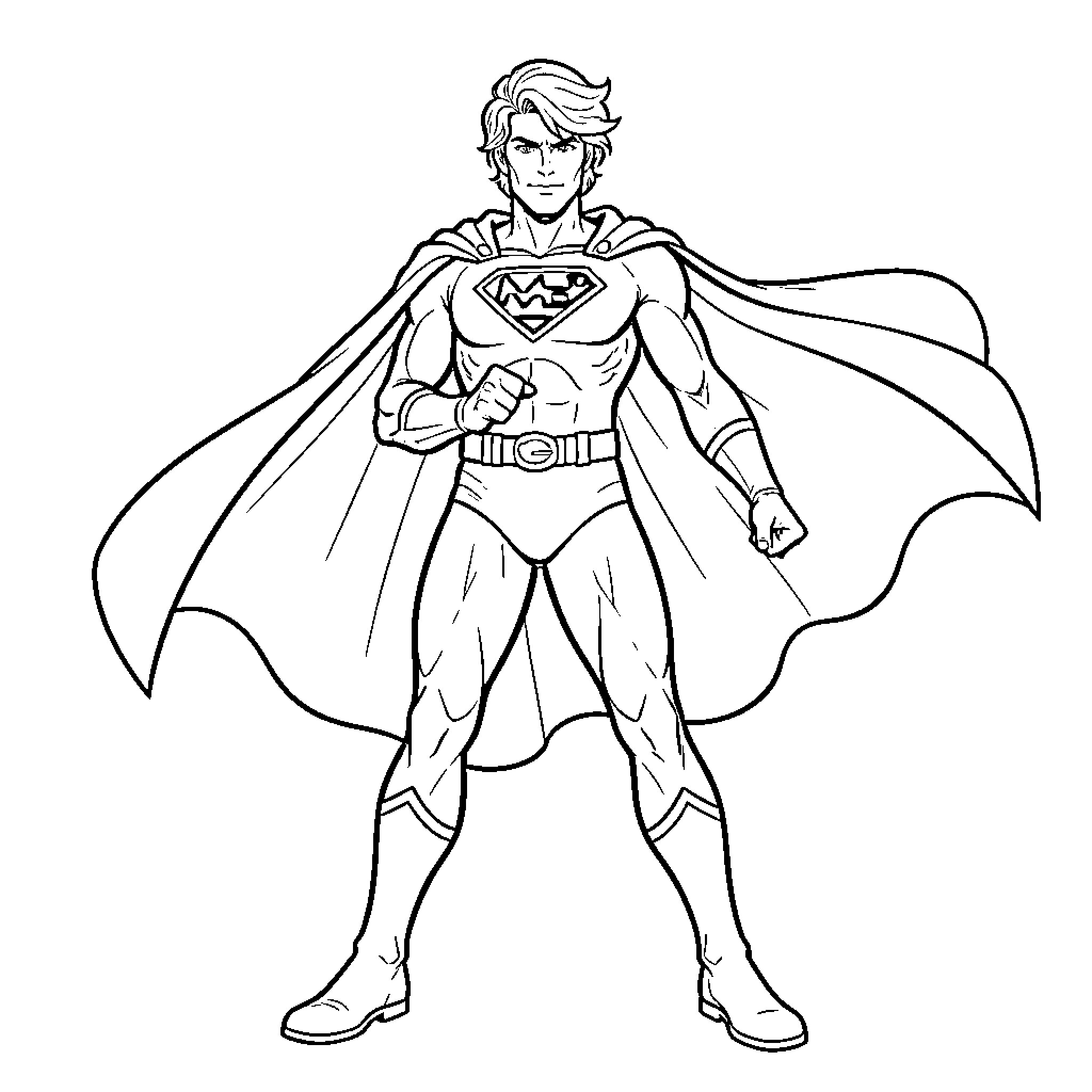Superhero in Heroic Stance with Cape Coloring Page (free black-and-white line drawing printable PDF for all, from beginners to advanced learners, including children, teens, adults, and seniors)