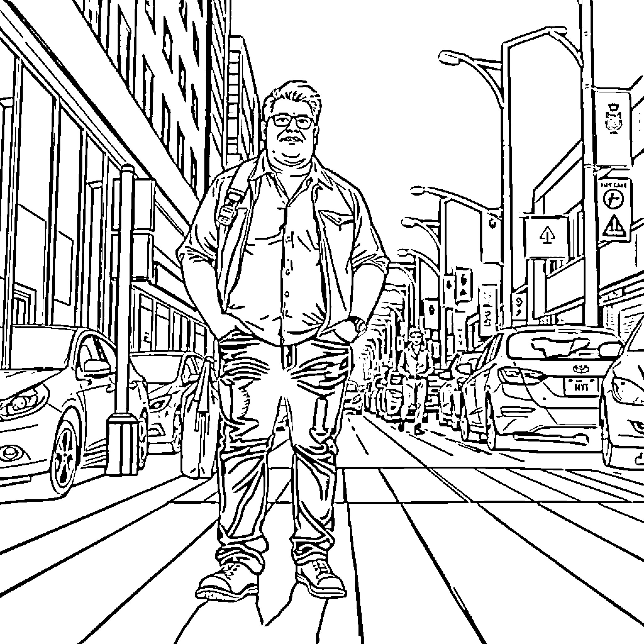 Assessman strolling on busy city street Coloring Page (free black-and-white line drawing printable PDF for all, from beginners to advanced learners, including children, teens, adults, and seniors)